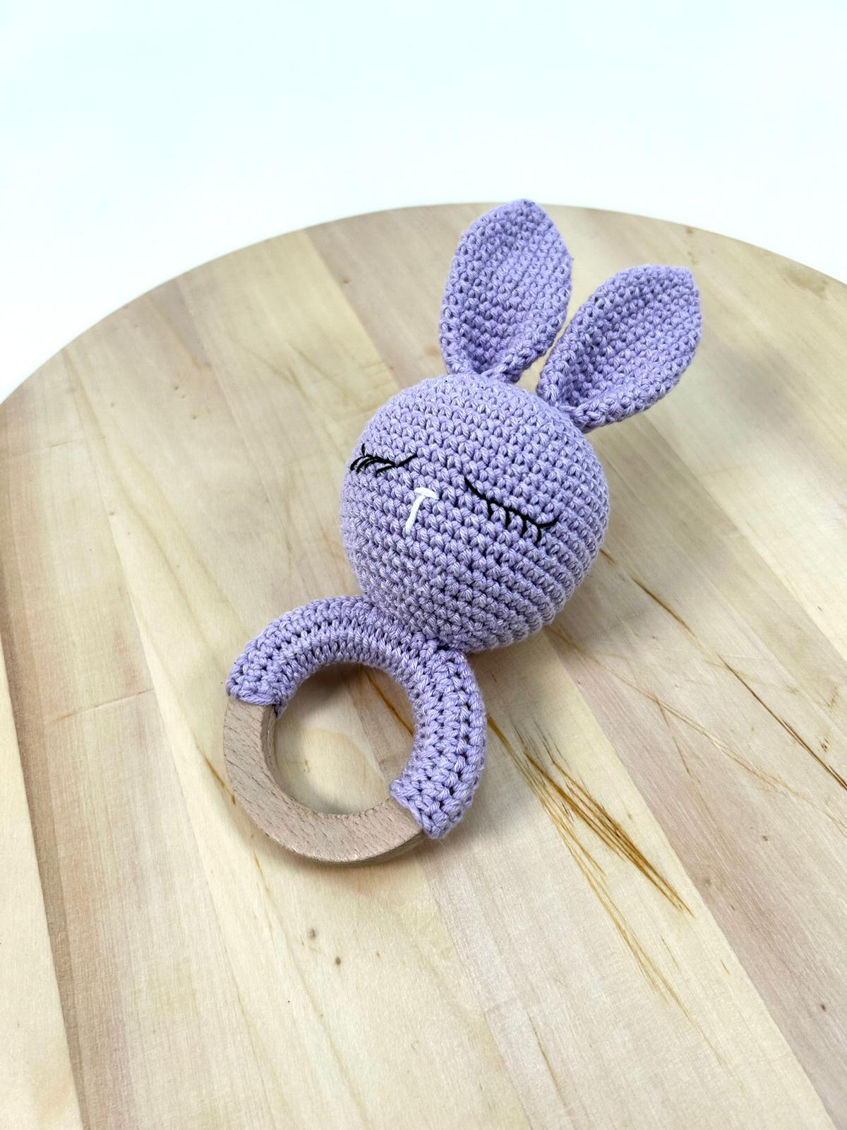 Amigurumi oyuncak çıngıraklı diş kayıcı mor tavşancık
