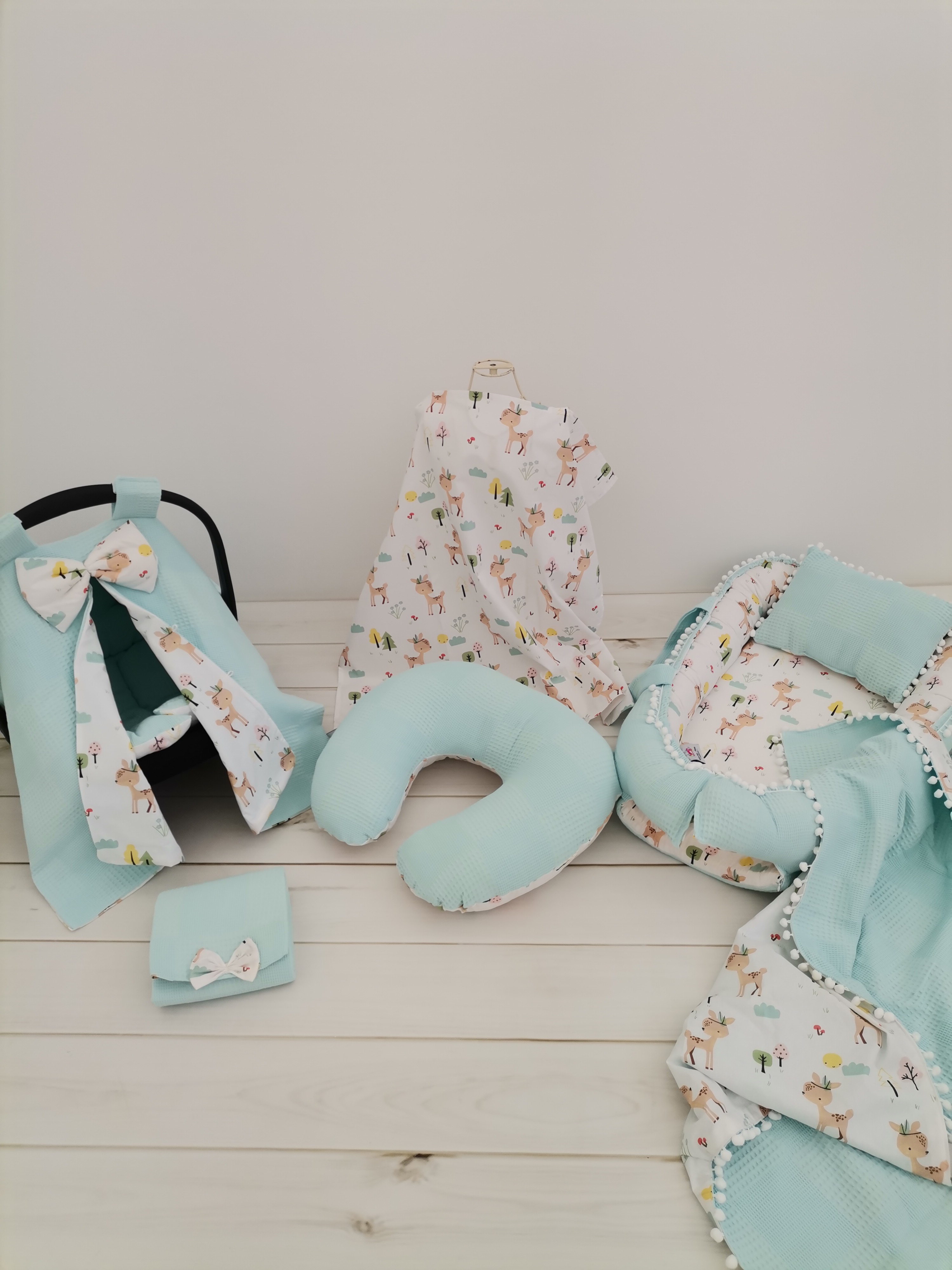 Babynest 8'li set açık yeşil waffle pike - karacalı poplin