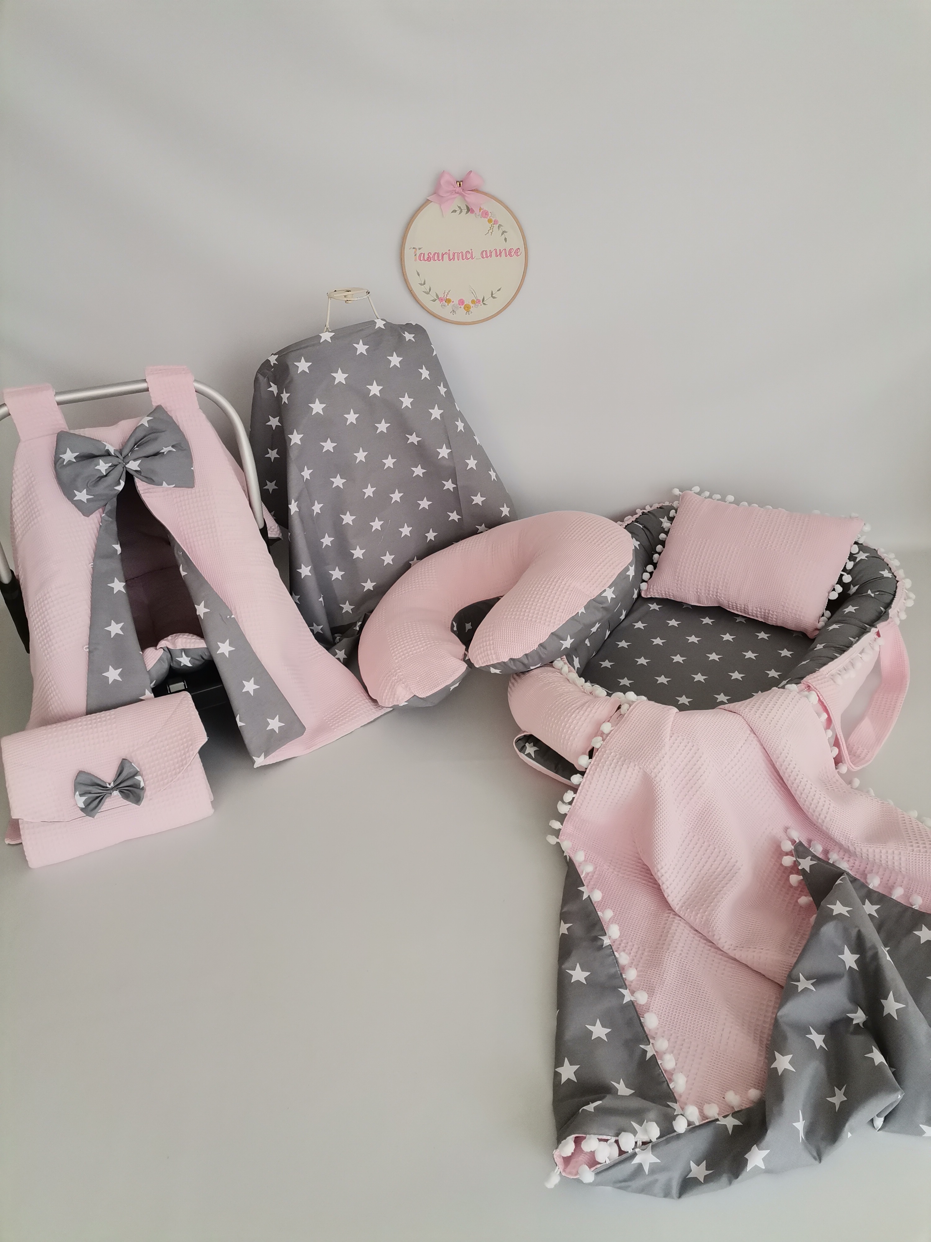 BABYNEST 7'Lİ SET BEBEK PEMBE KLASİK PİKE - KOYU GRİ YILDIZLI POPLİN