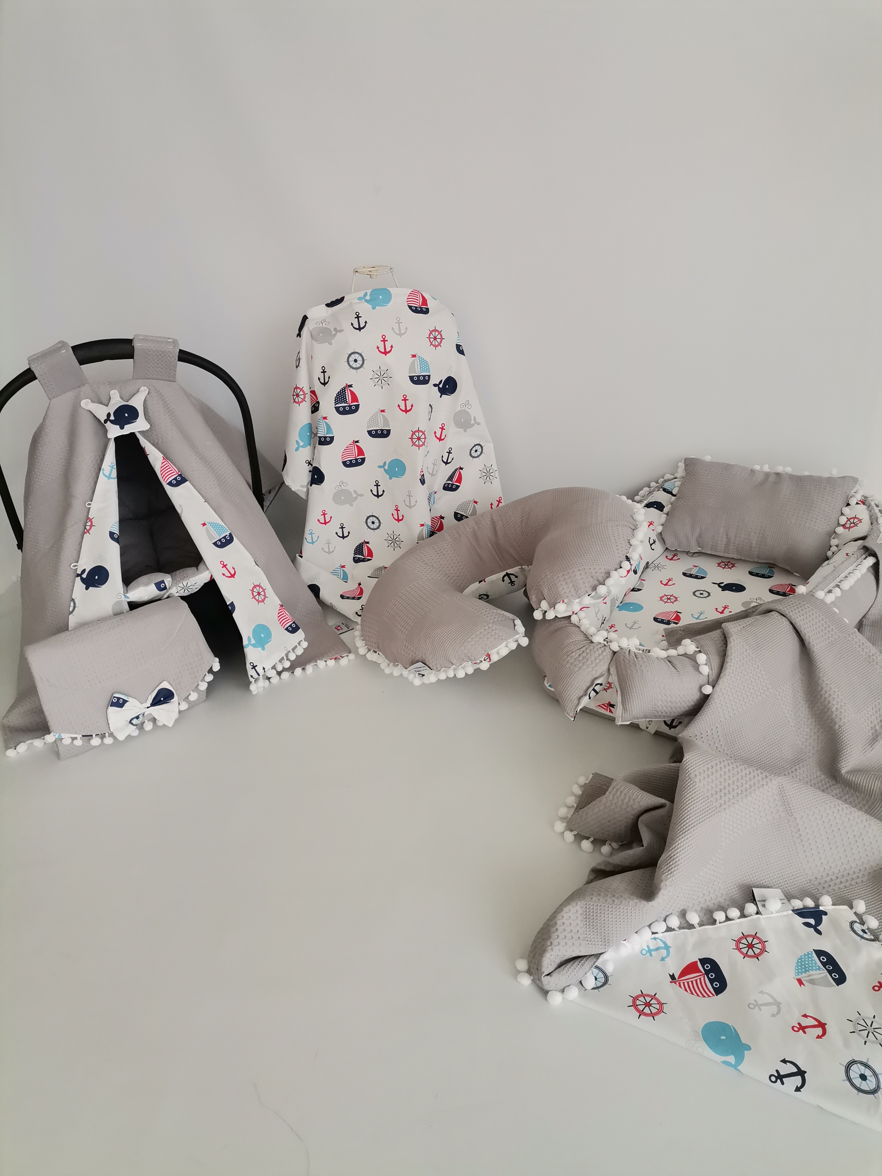 Babynest 8'li set gri waffle pike - wella denizci balinalı poplin