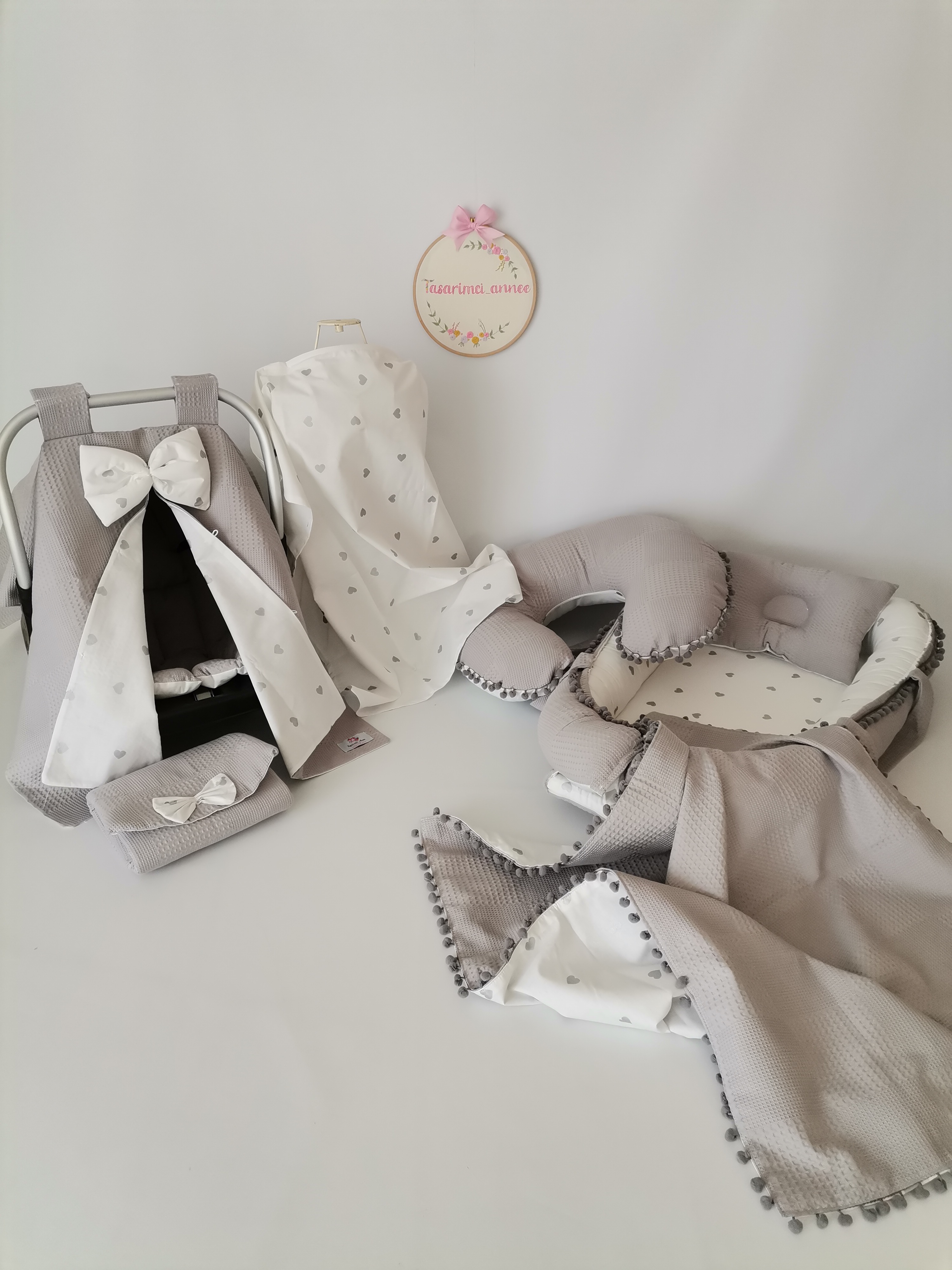 Babynest 8'li set gri waffle pike - gümüş kalpli poplin