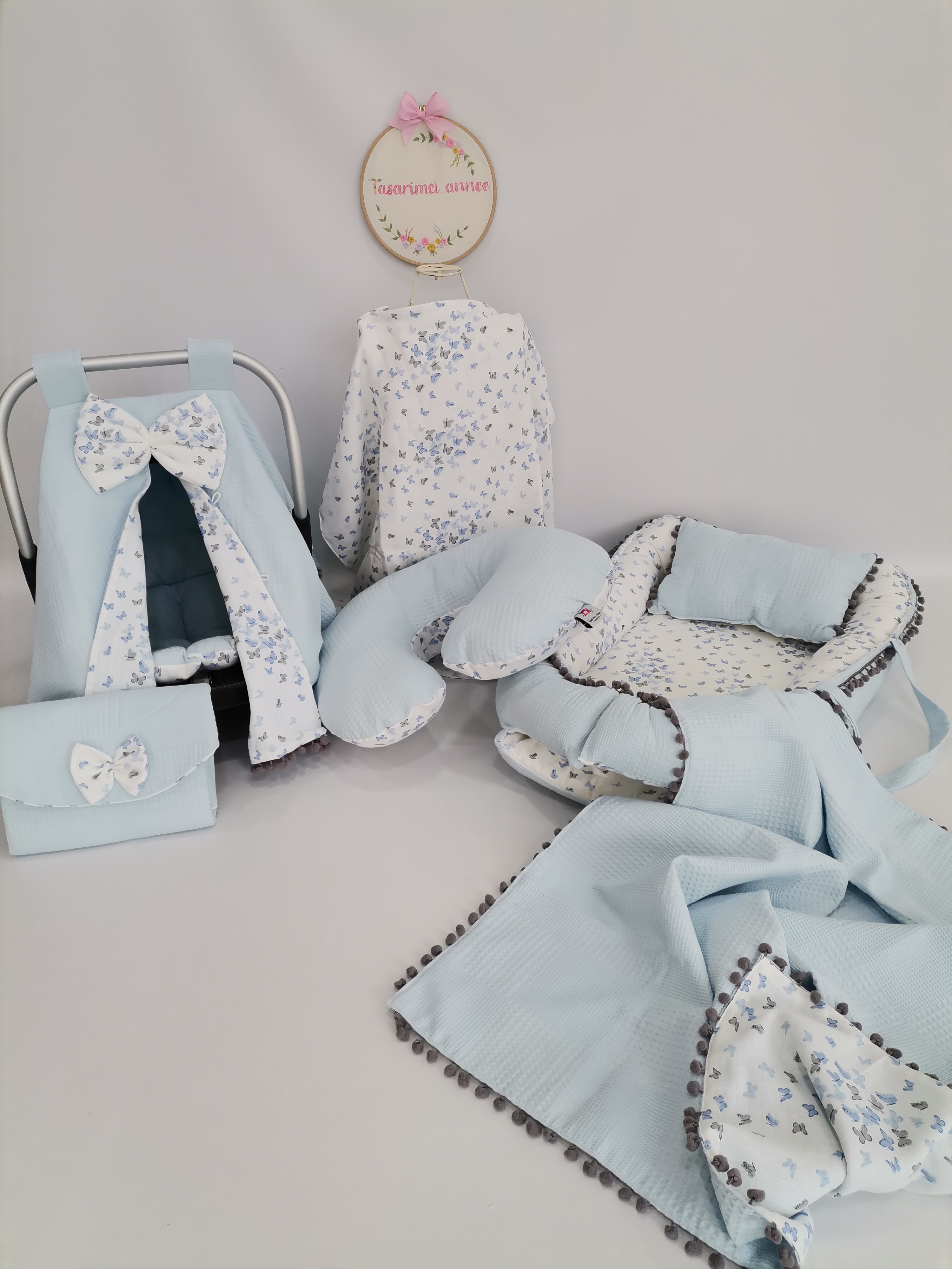 Babynest 8'li set mavi waffle pike - mavi gri minik kelebekli müslin