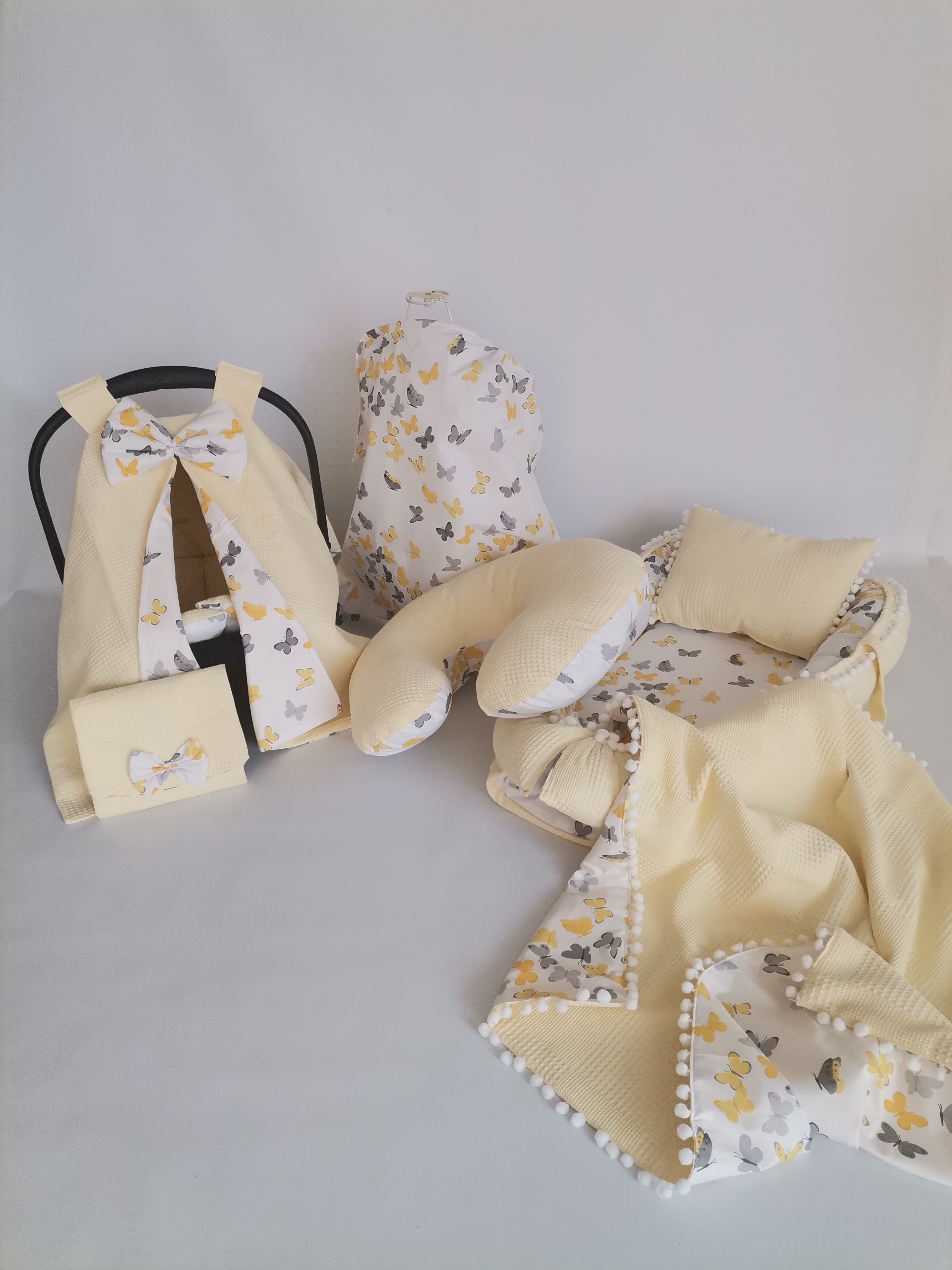 Babynest 8'li set sarı waffle pike - sarı gri kelebekli poplin