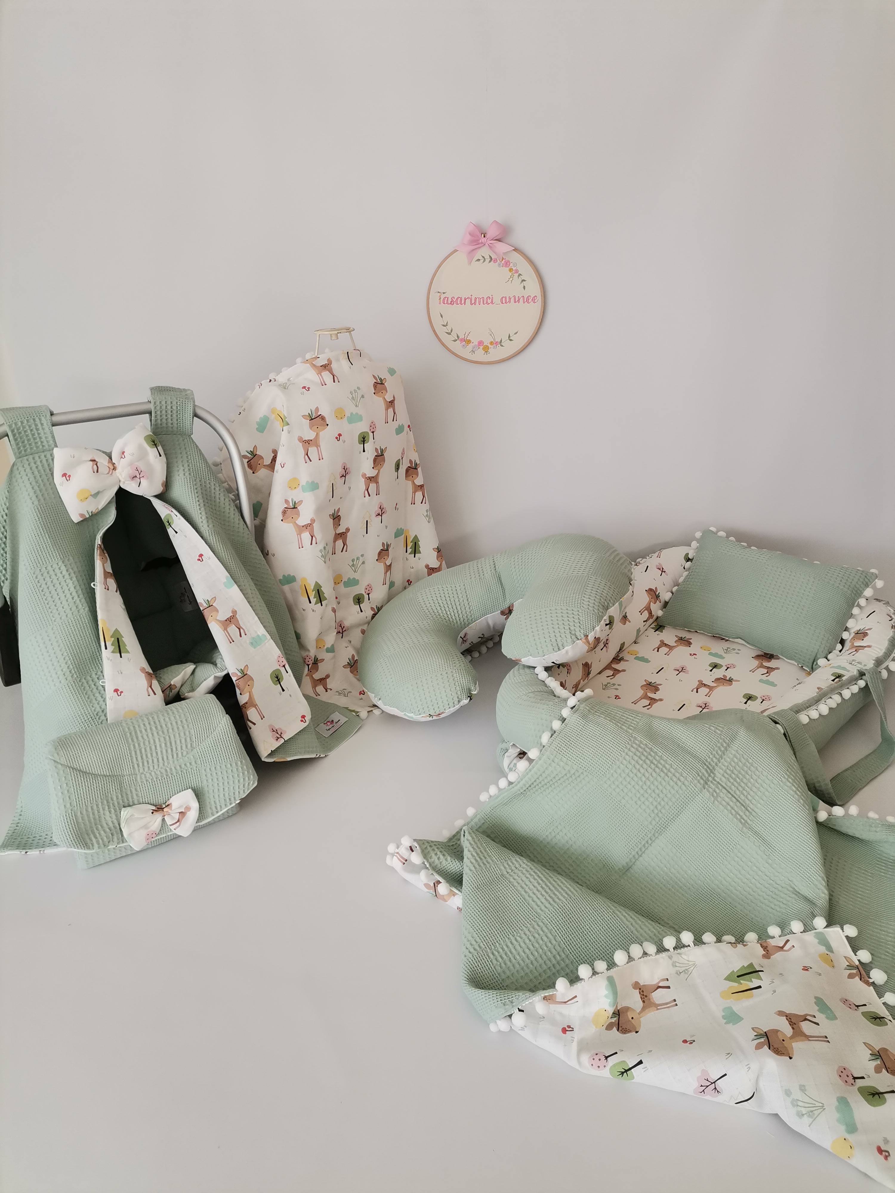 Babynest 8'li set yeşil waffle pike  karacalı müslin