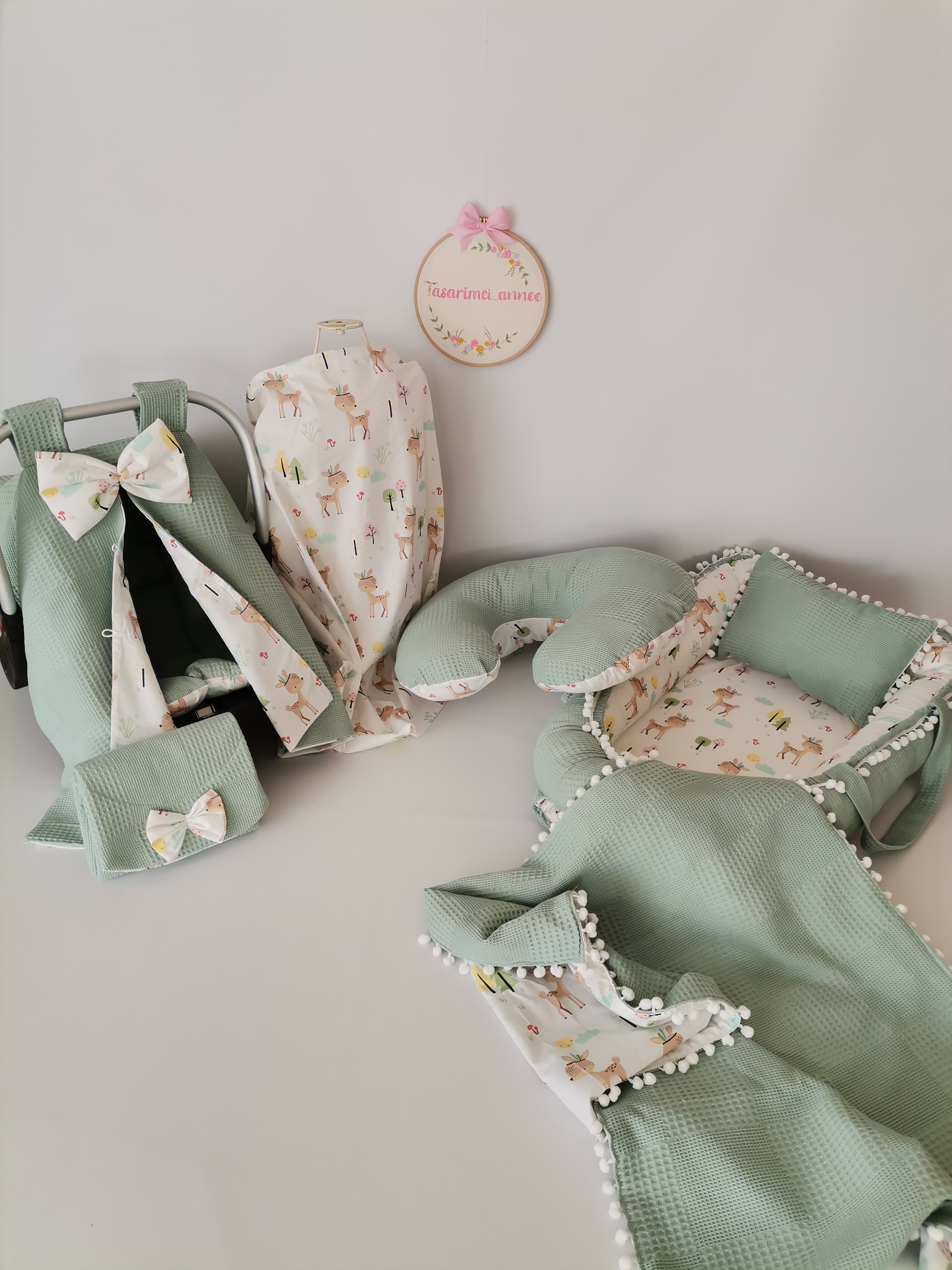 Babynest 8'li set yeşil waffle pike - karacalı poplin