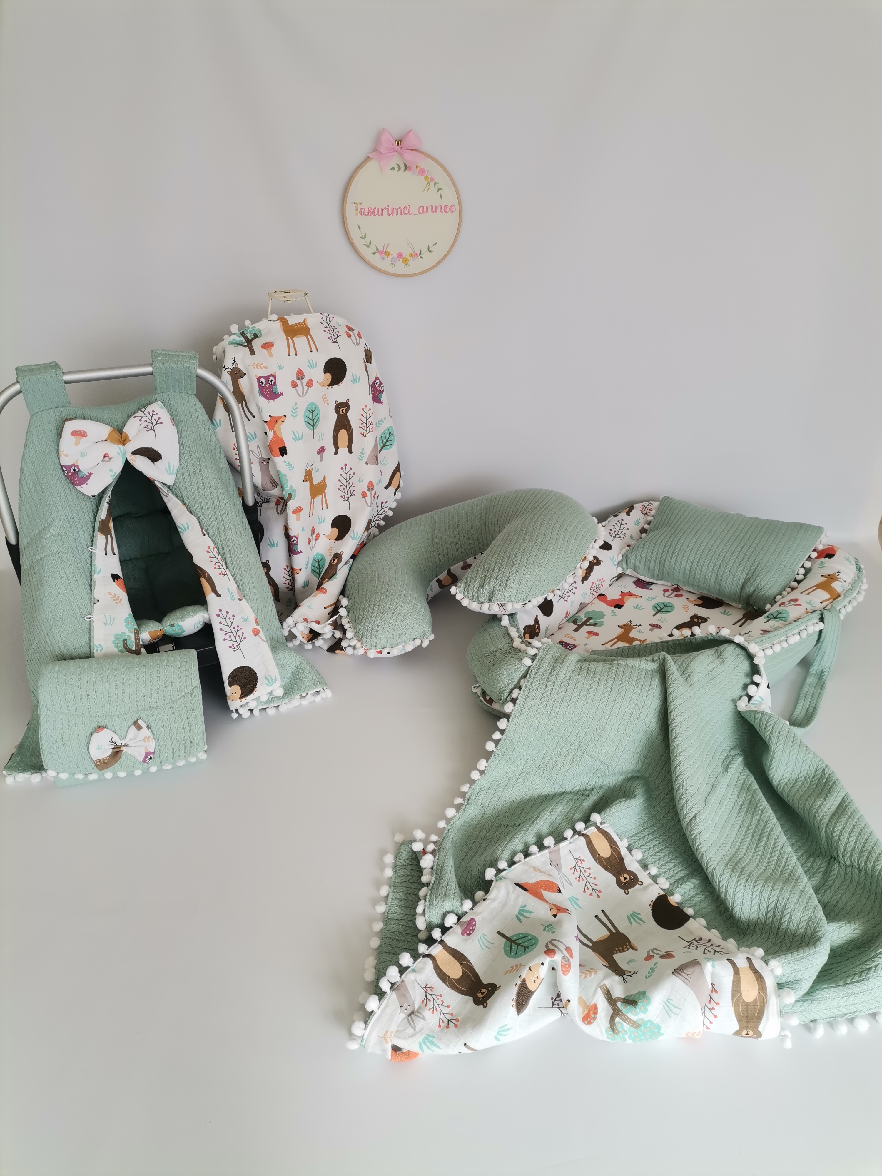 Babynest 8'li set yeşil örgü pike - hayvan figürlü müslin