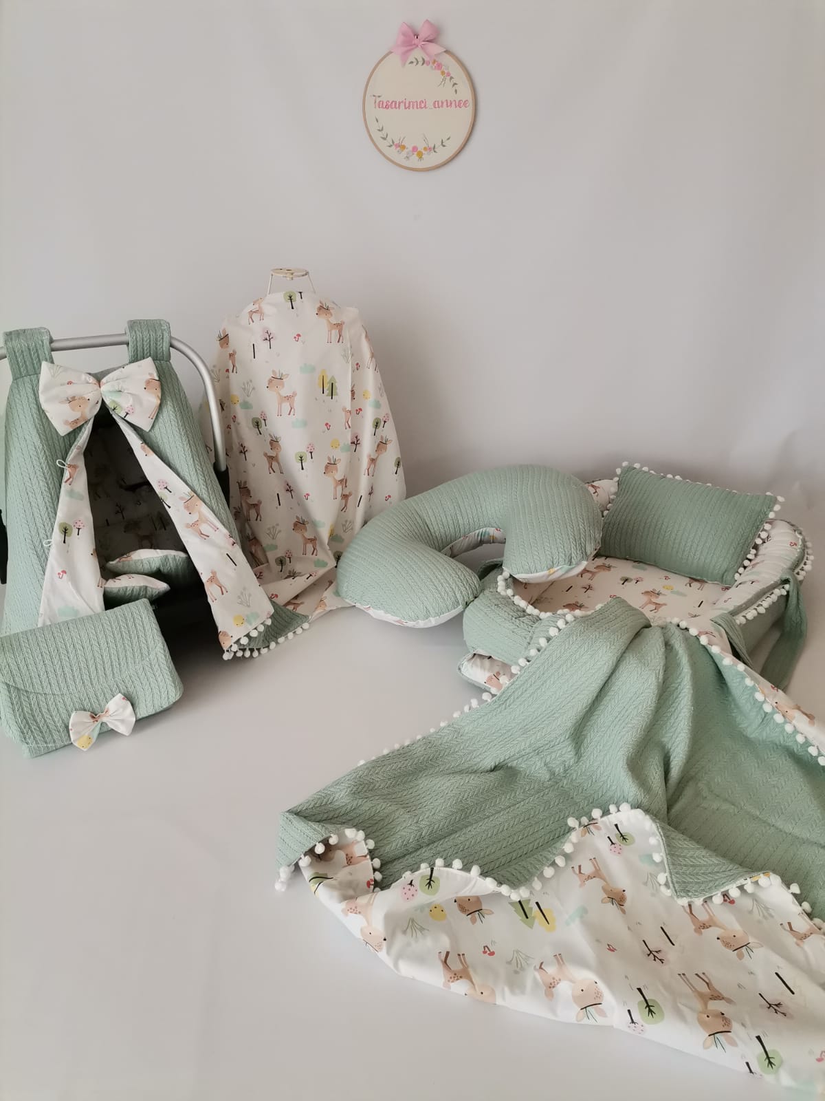 Babynest 8'li set yeşil örgü pike - karacalı poplin
