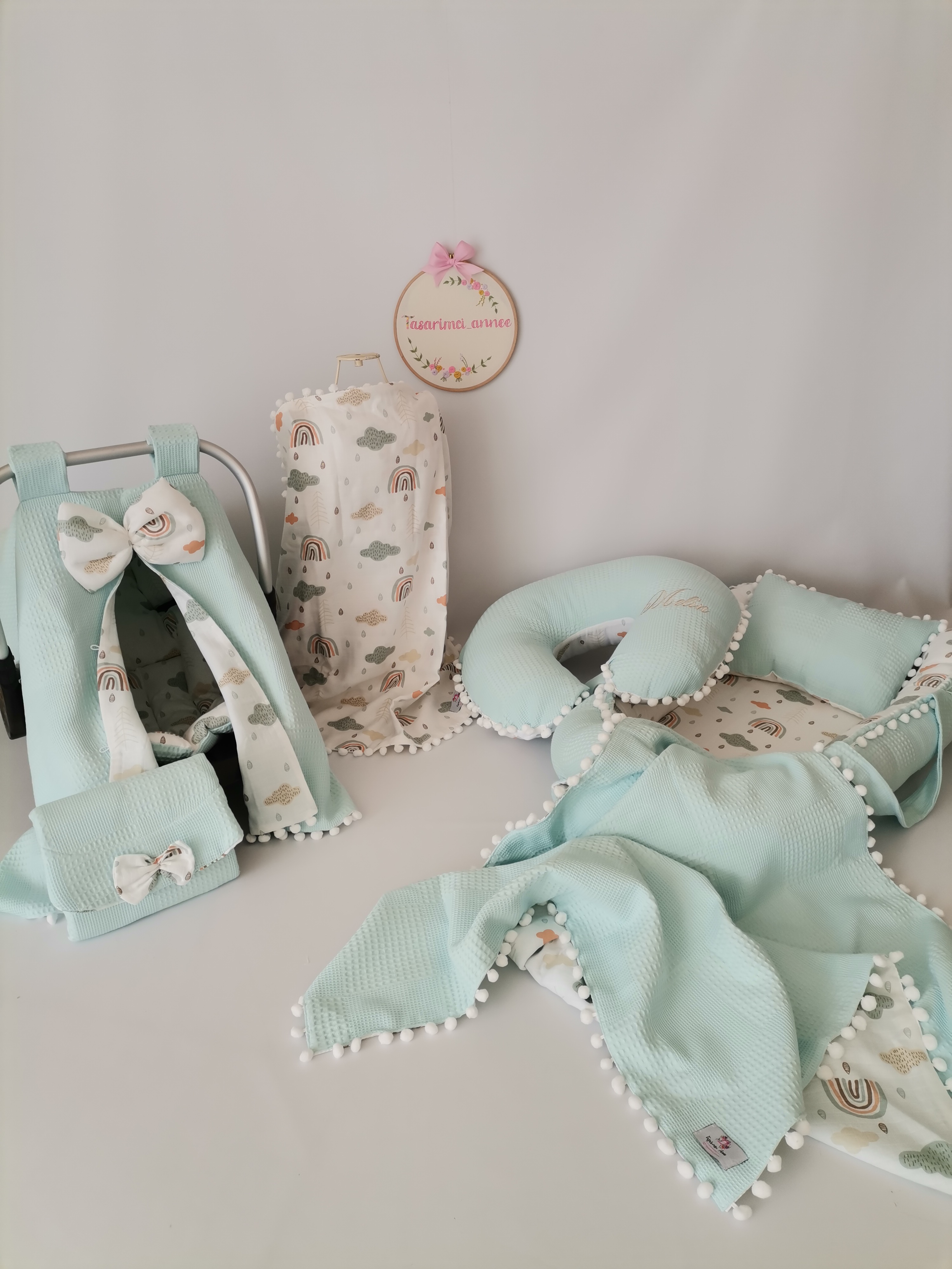 Babynest 8'li set açık yeşil waffle pike - gökkuşaklı müslin