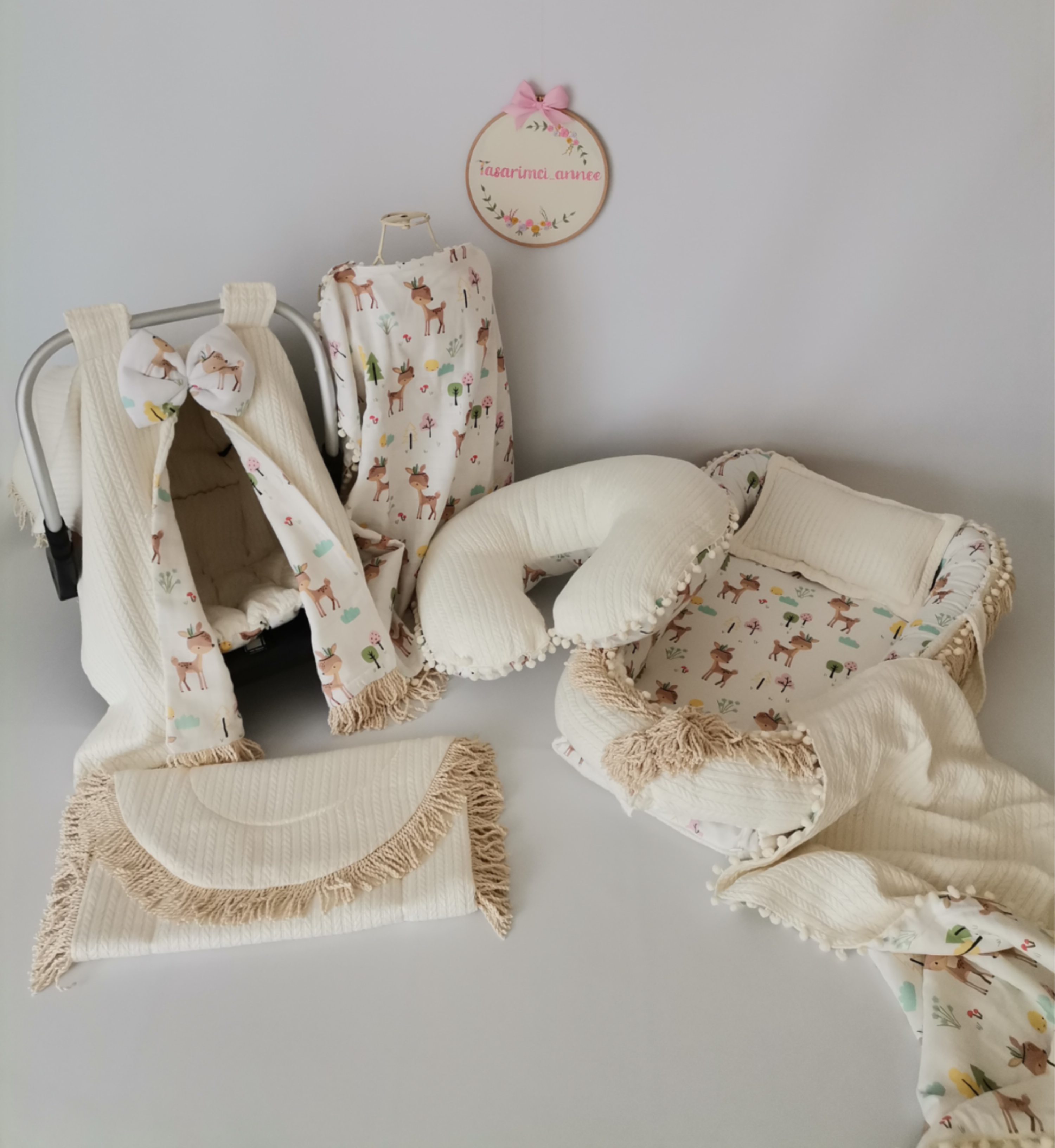 Babynest 8'li püsküllü set krem örgü pike - karacalı müslin