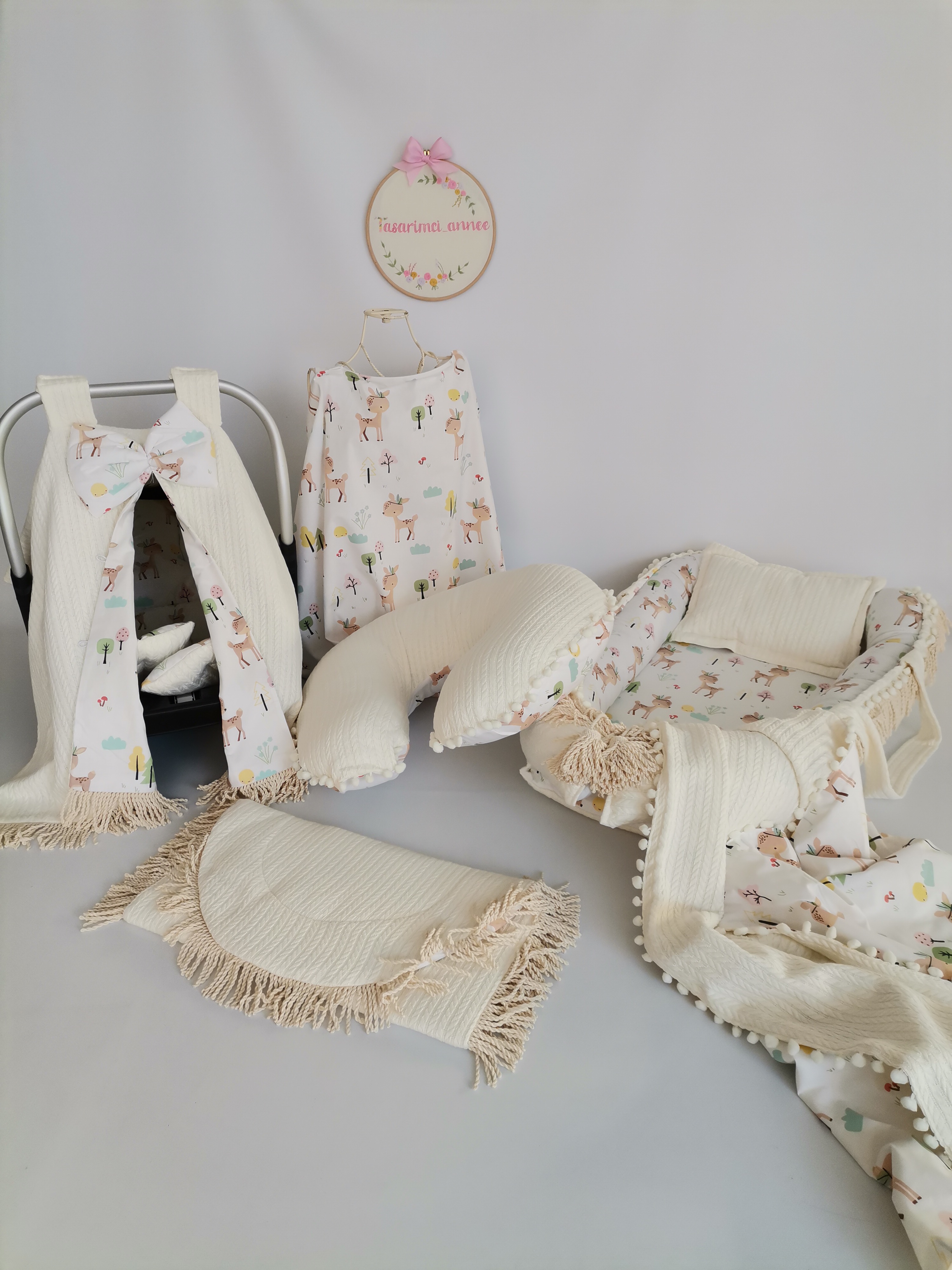 Babynest 8'li püsküllü set krem örgü pike - karacalı poplin