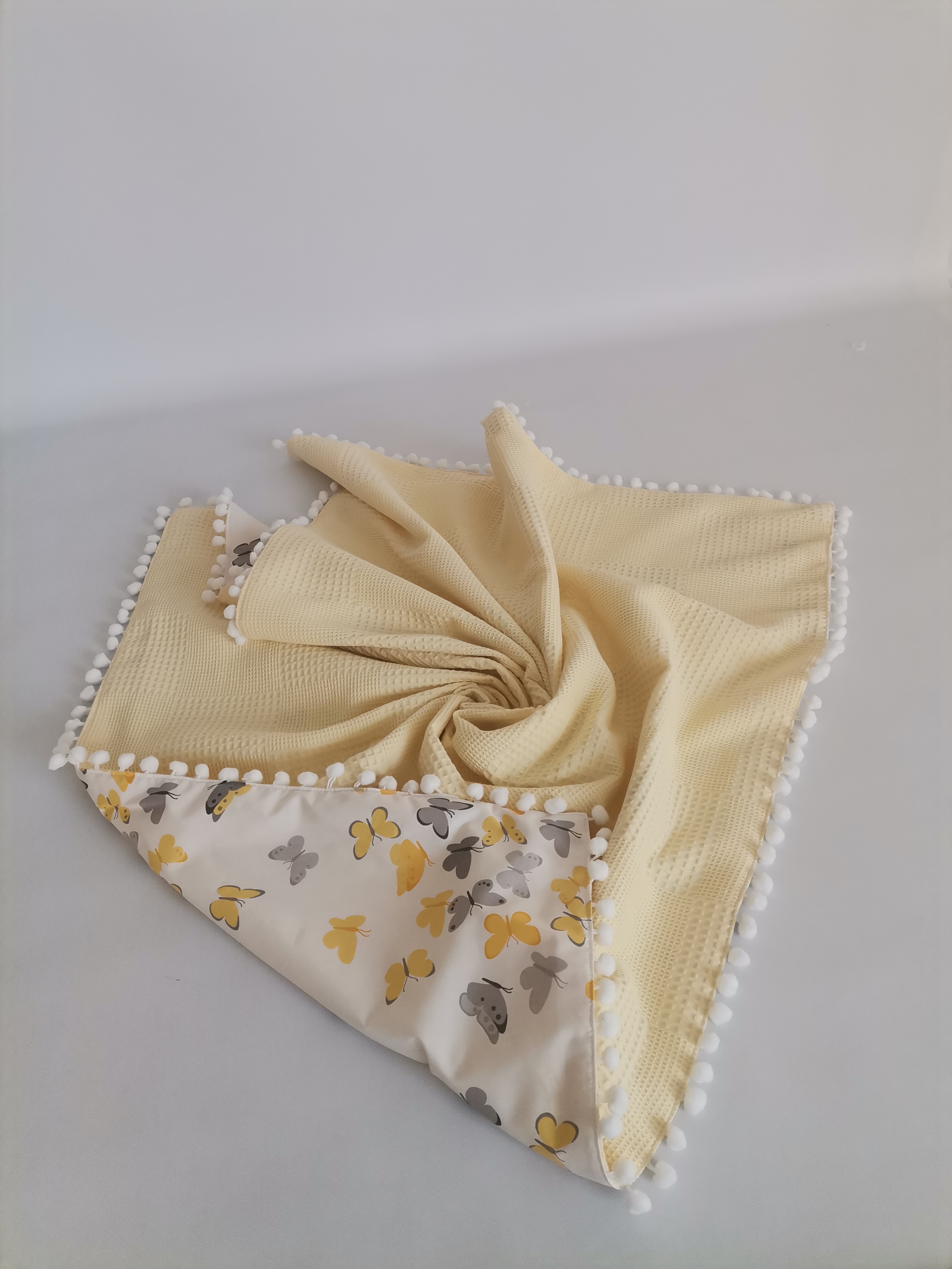 Battaniye sarı waffle pike - gri sarı kelebekli poplin