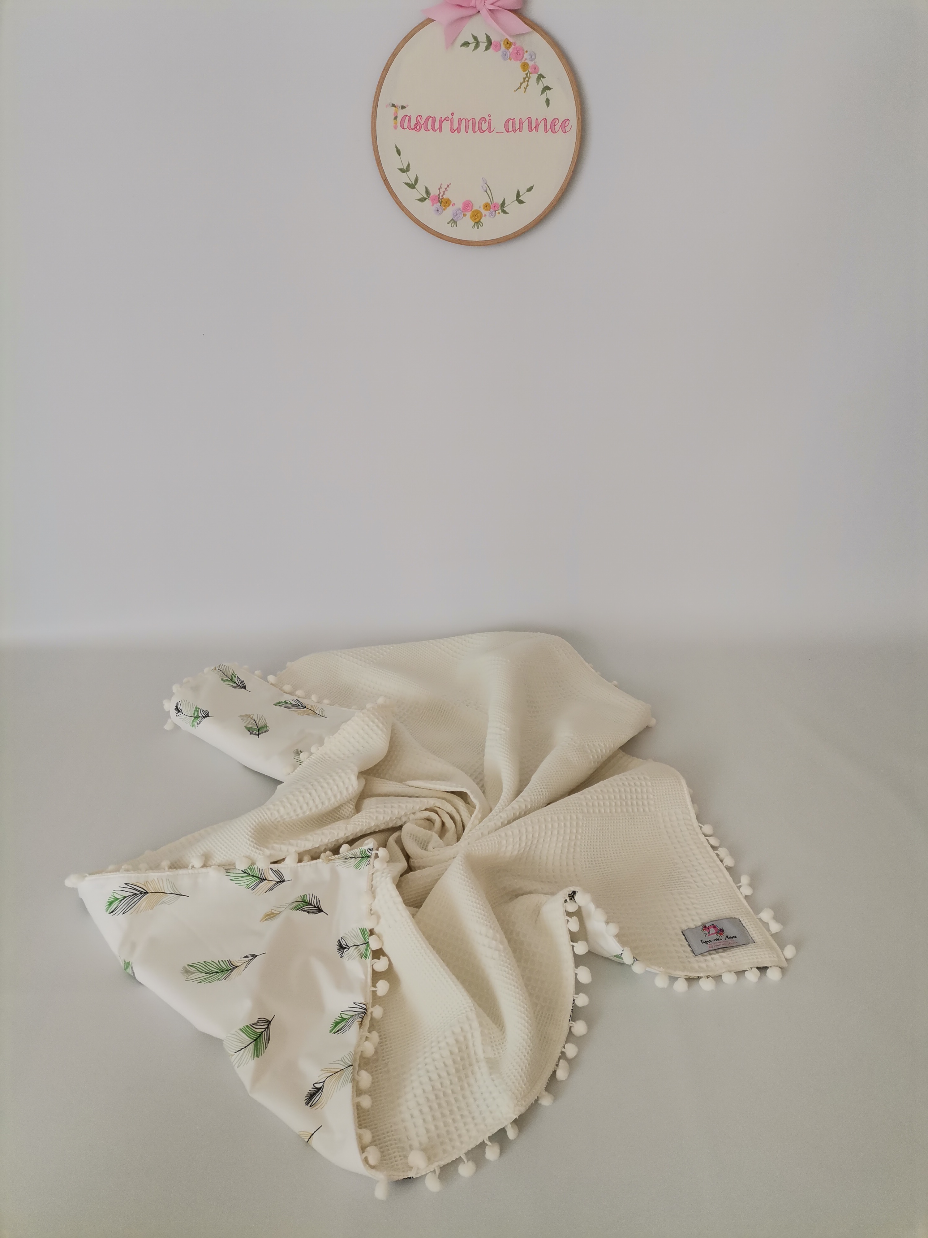 Battaniye krem waffle pike - yeşil tüylü poplin