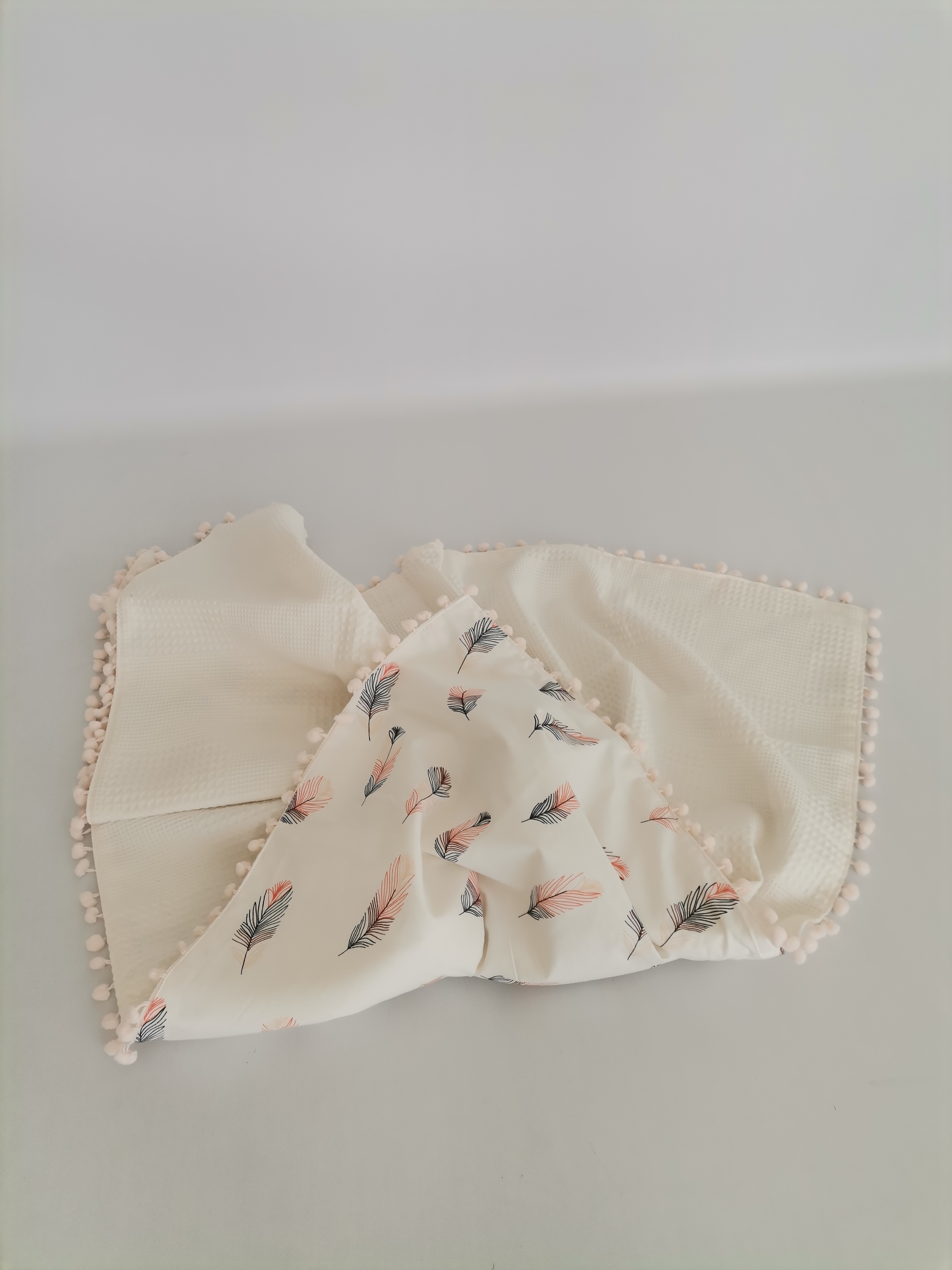 Battaniye krem waffle pike - pembe tüylü poplin somon ponponlu