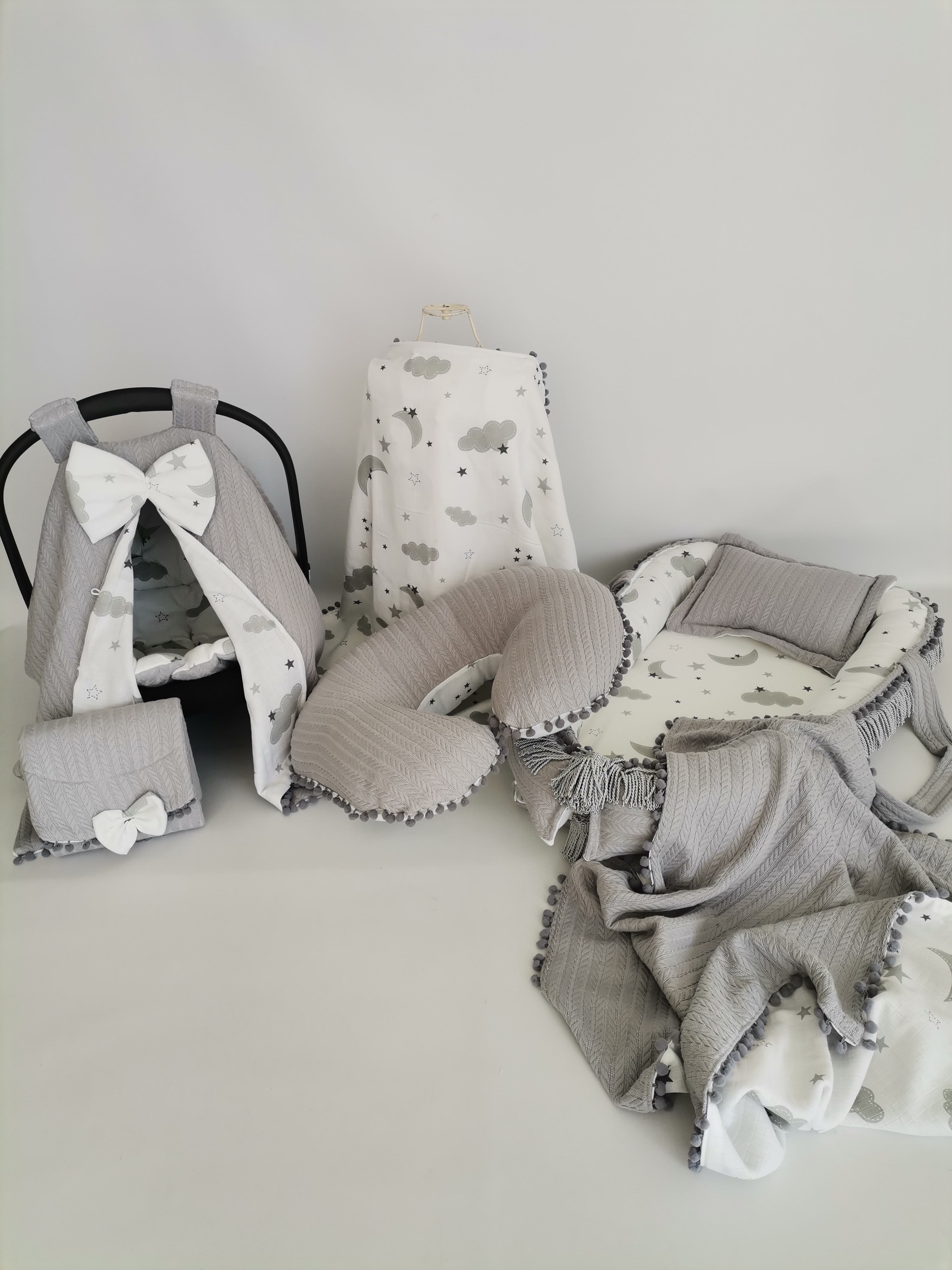 Babynest 8'li set gri örgü pike - gri bulutlu aylı müslin