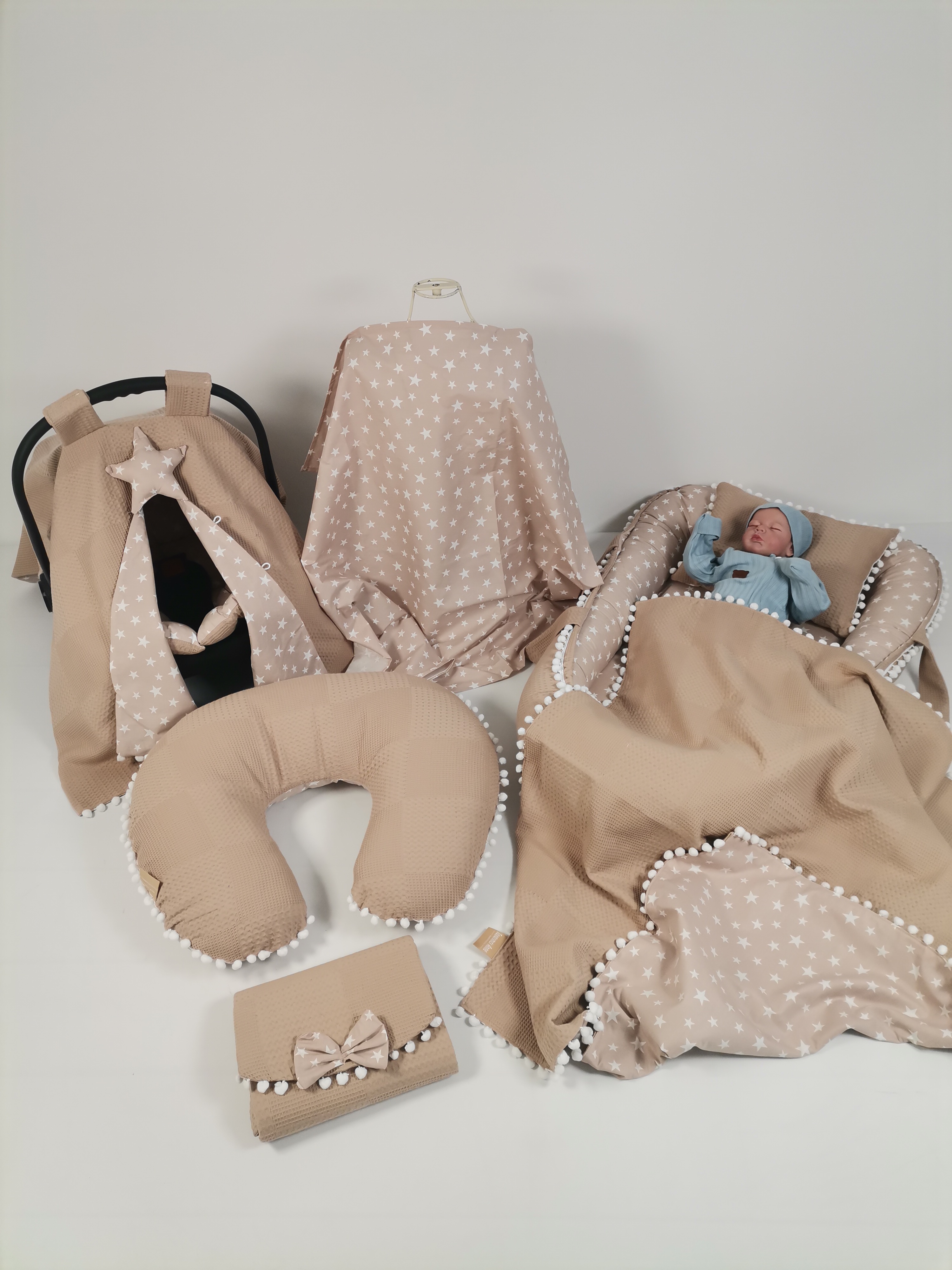 Babynest 8'li set bej waffle pike - bej üstü beyaz yıldızlı