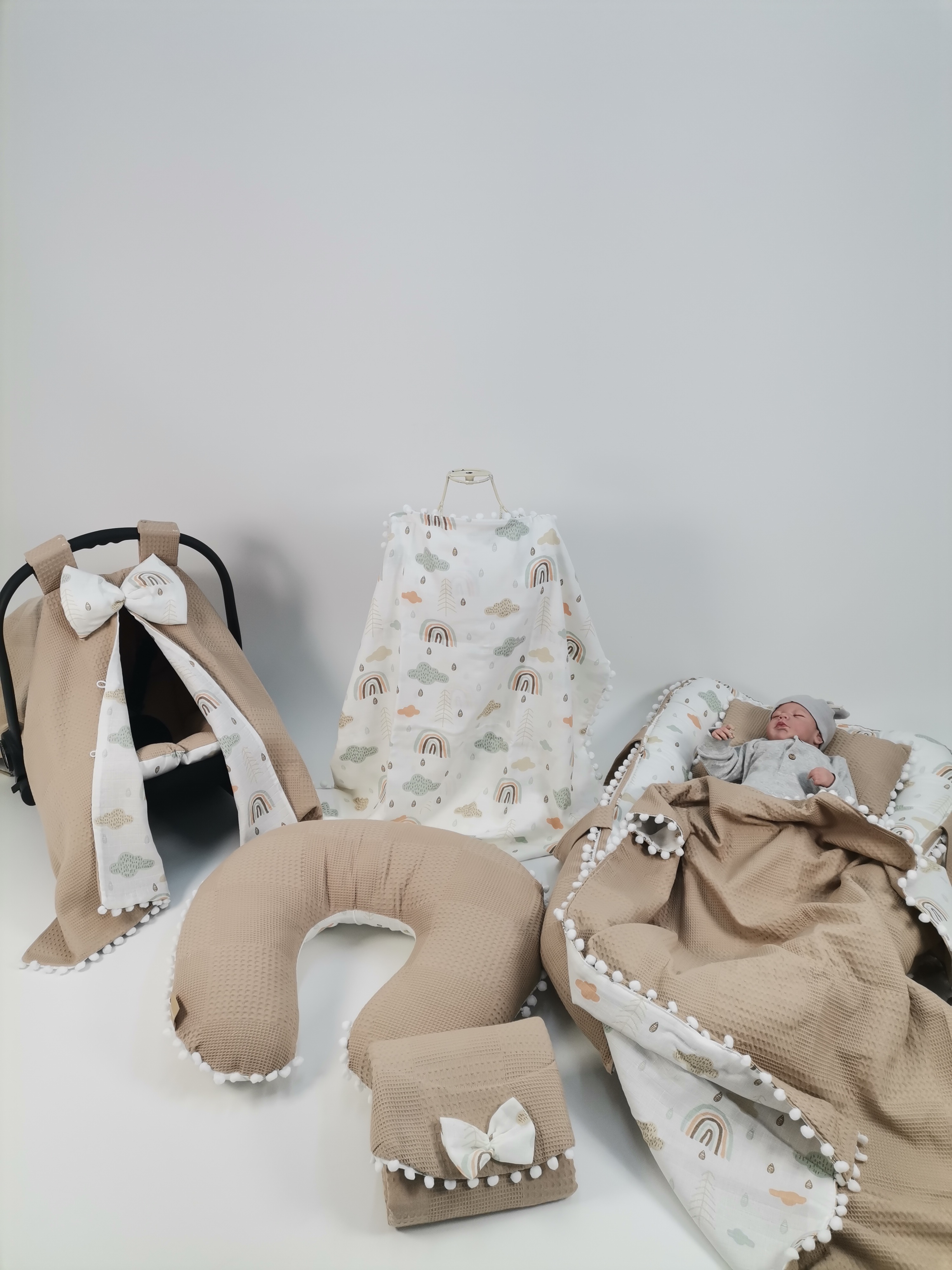 Babynest 8'li set bej waffle pike - gökkuşaklı poplin
