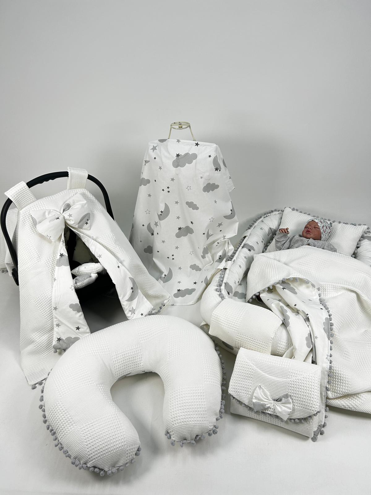 Babynest 8'li set beyaz waffle pike - gri aylı bulutlu poplin