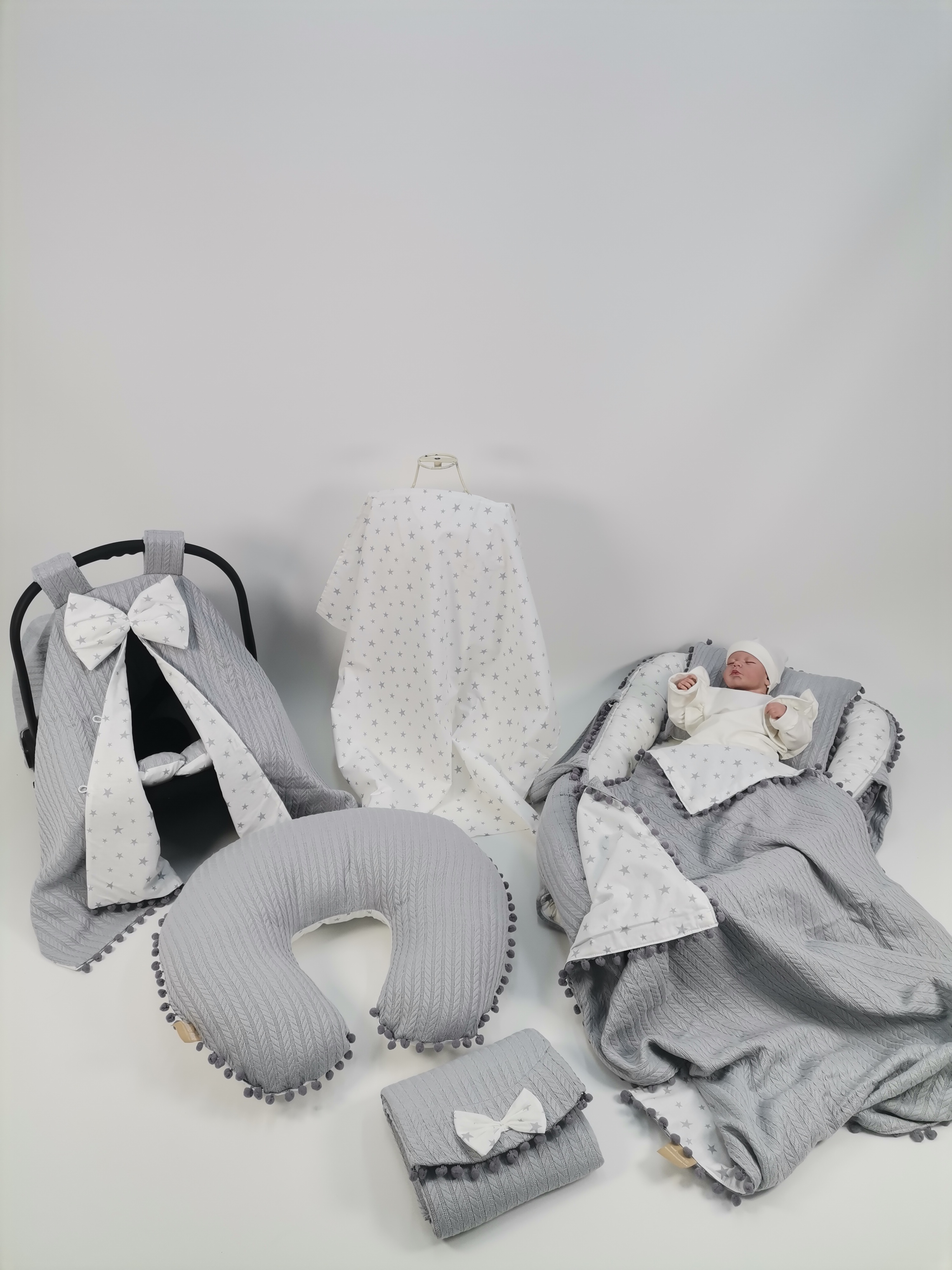 Babynest 8'li set gri örgü pike - gri yıldızlı poplin