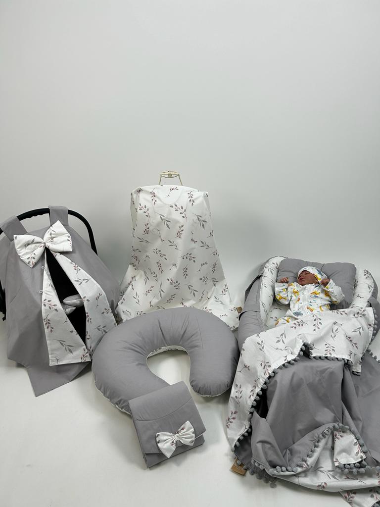 Babynest 8'li set gri poplin - pembe zeytin dalı desenli poplin 
