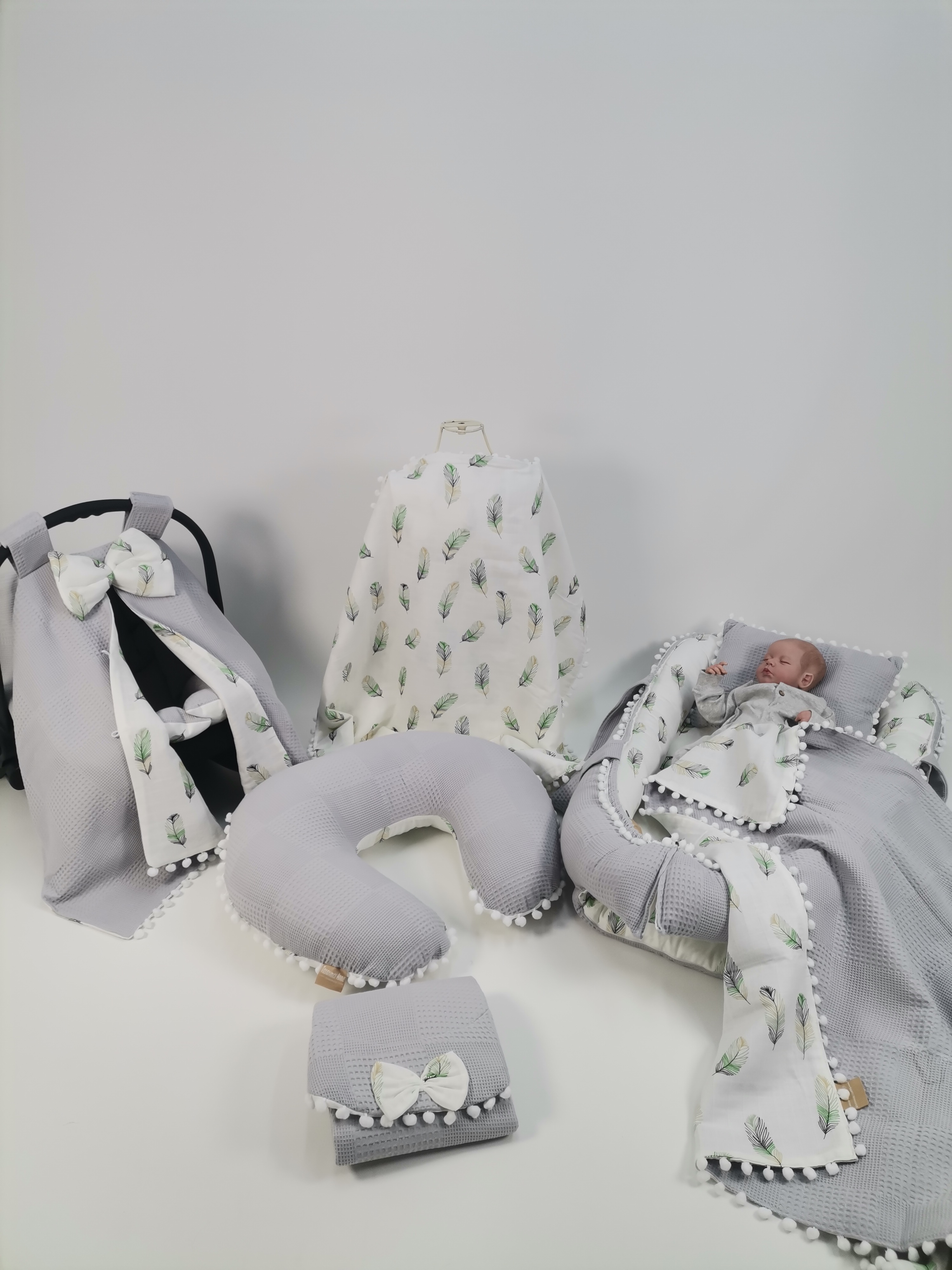 Babynest 8'li set gri waffle pike - yeşil tüylü müslin