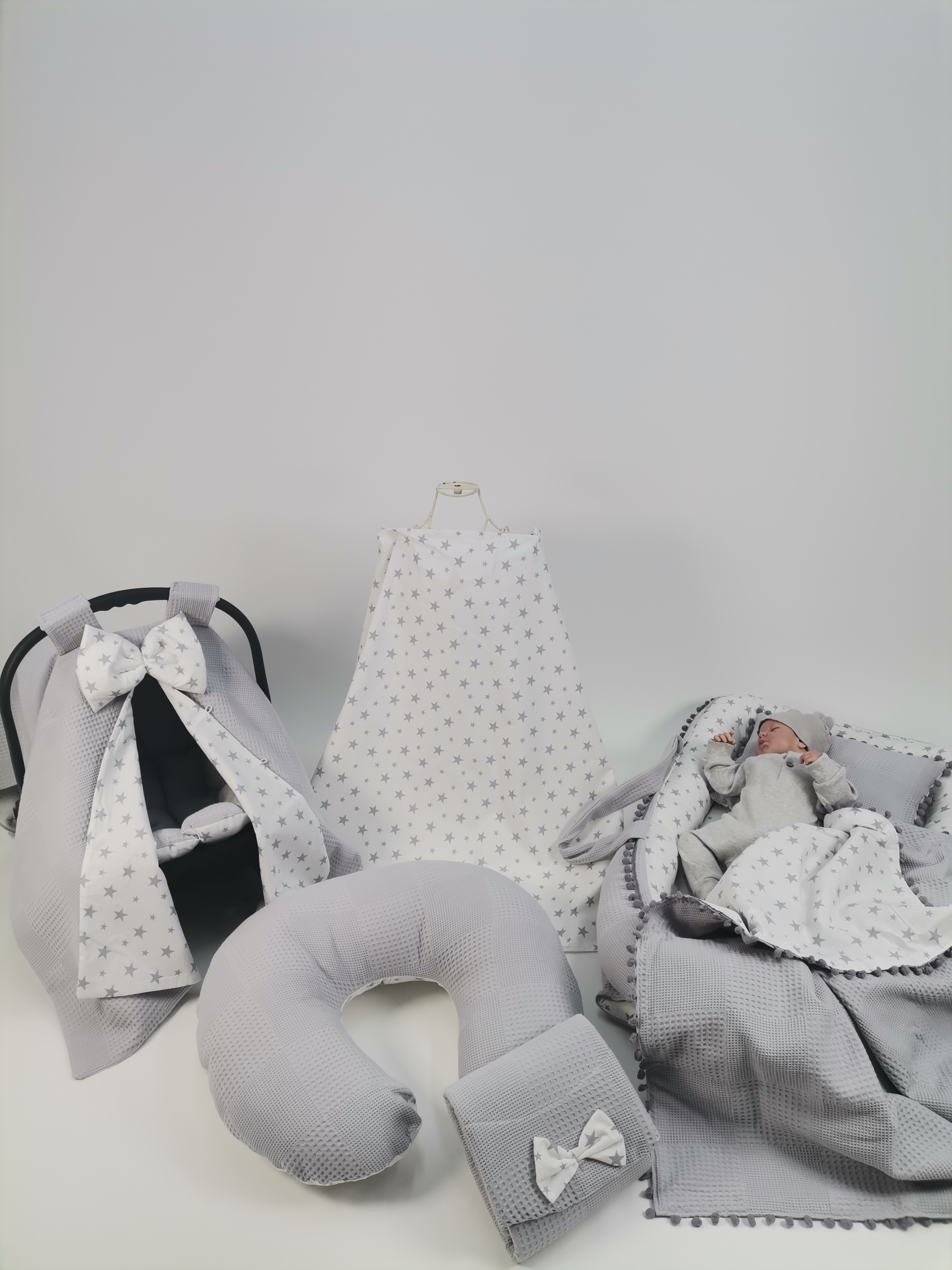 Babynest 8'li set gri waffle pike - gri yıldızlı poplin