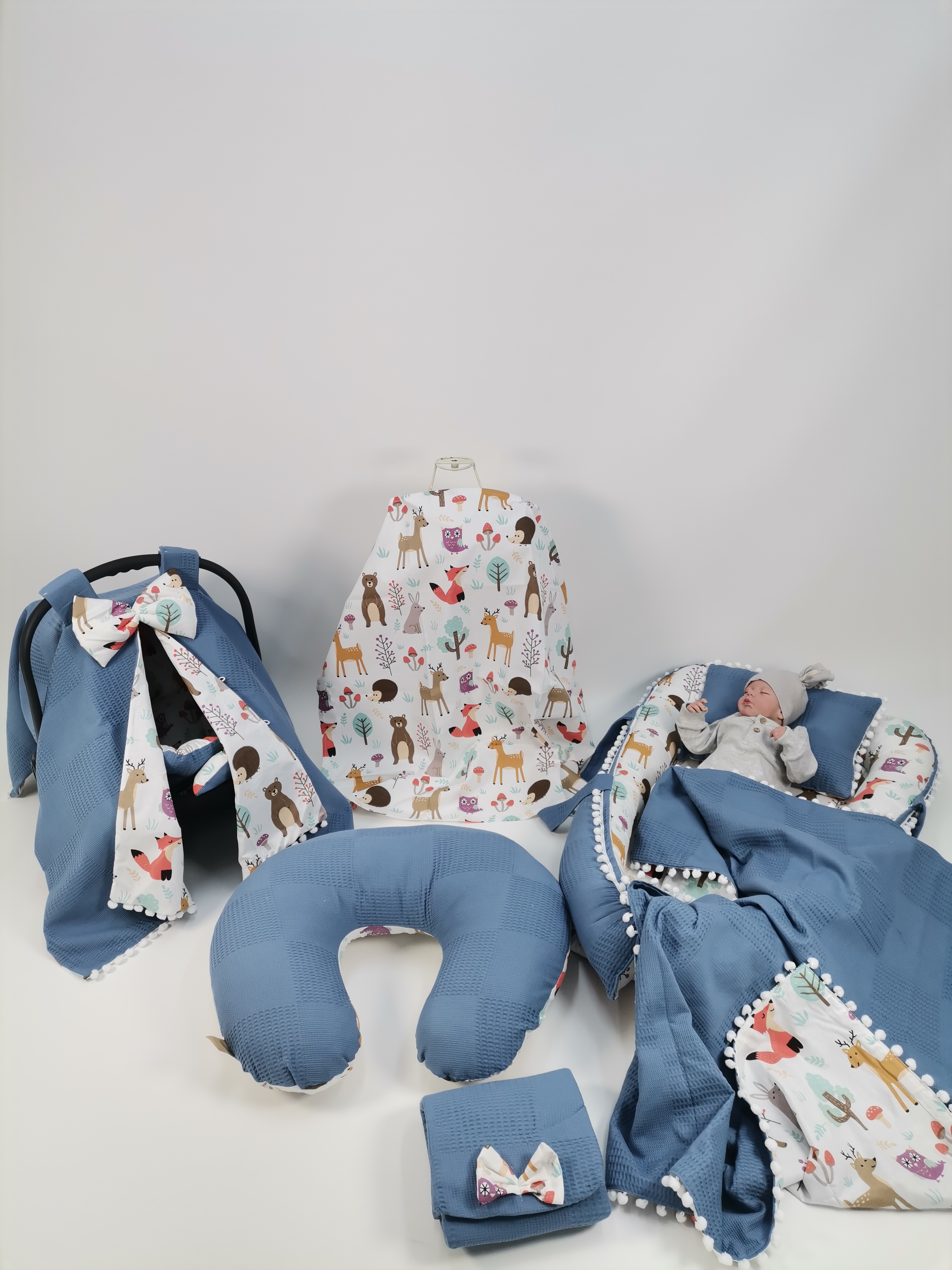 Babynest 8'li set indigo mavi waffle klasik pike - hayvan figurlu poplin