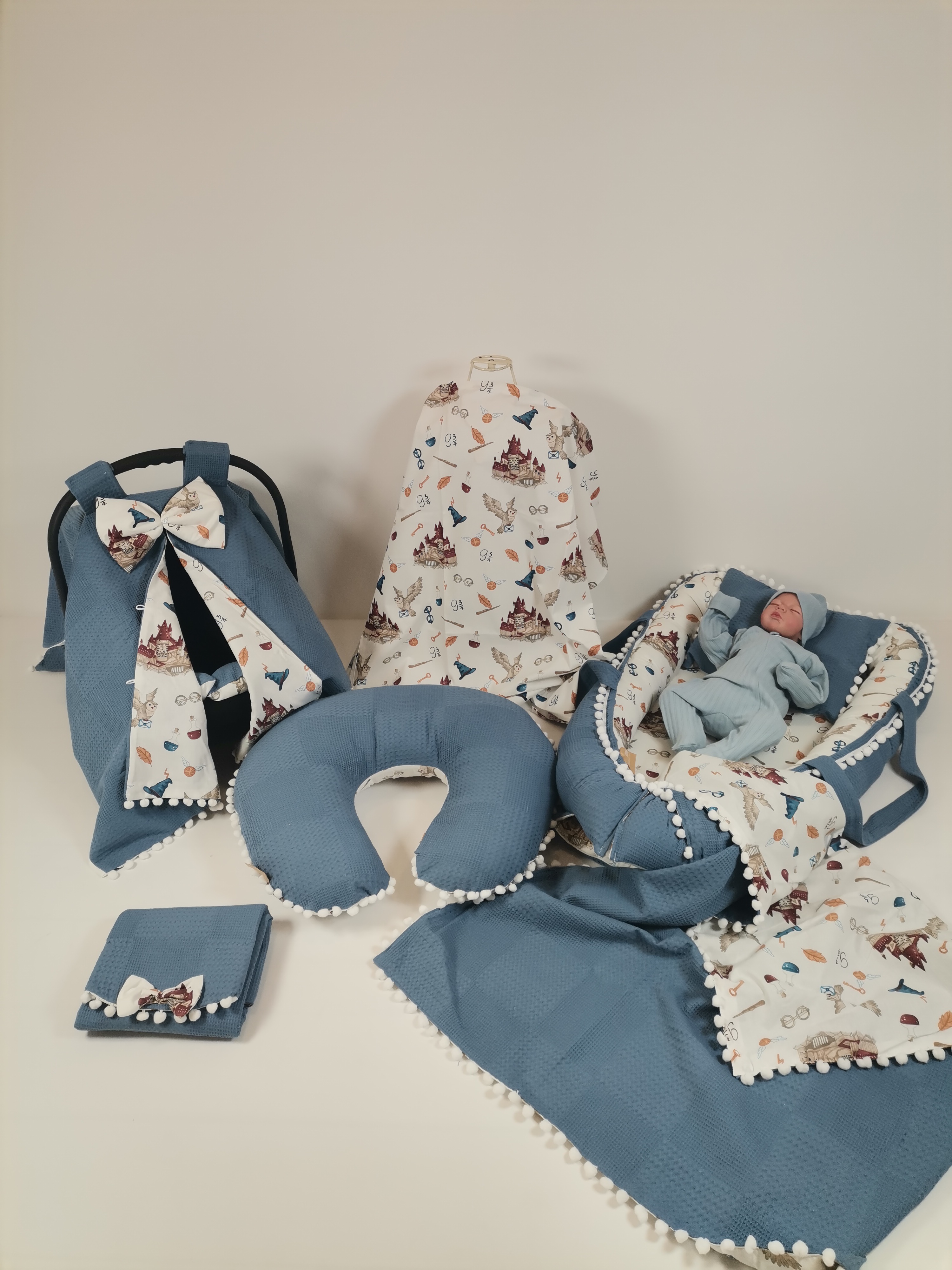 Babynest 8'li set indigo mavi waffle pike - harry desenli poplin