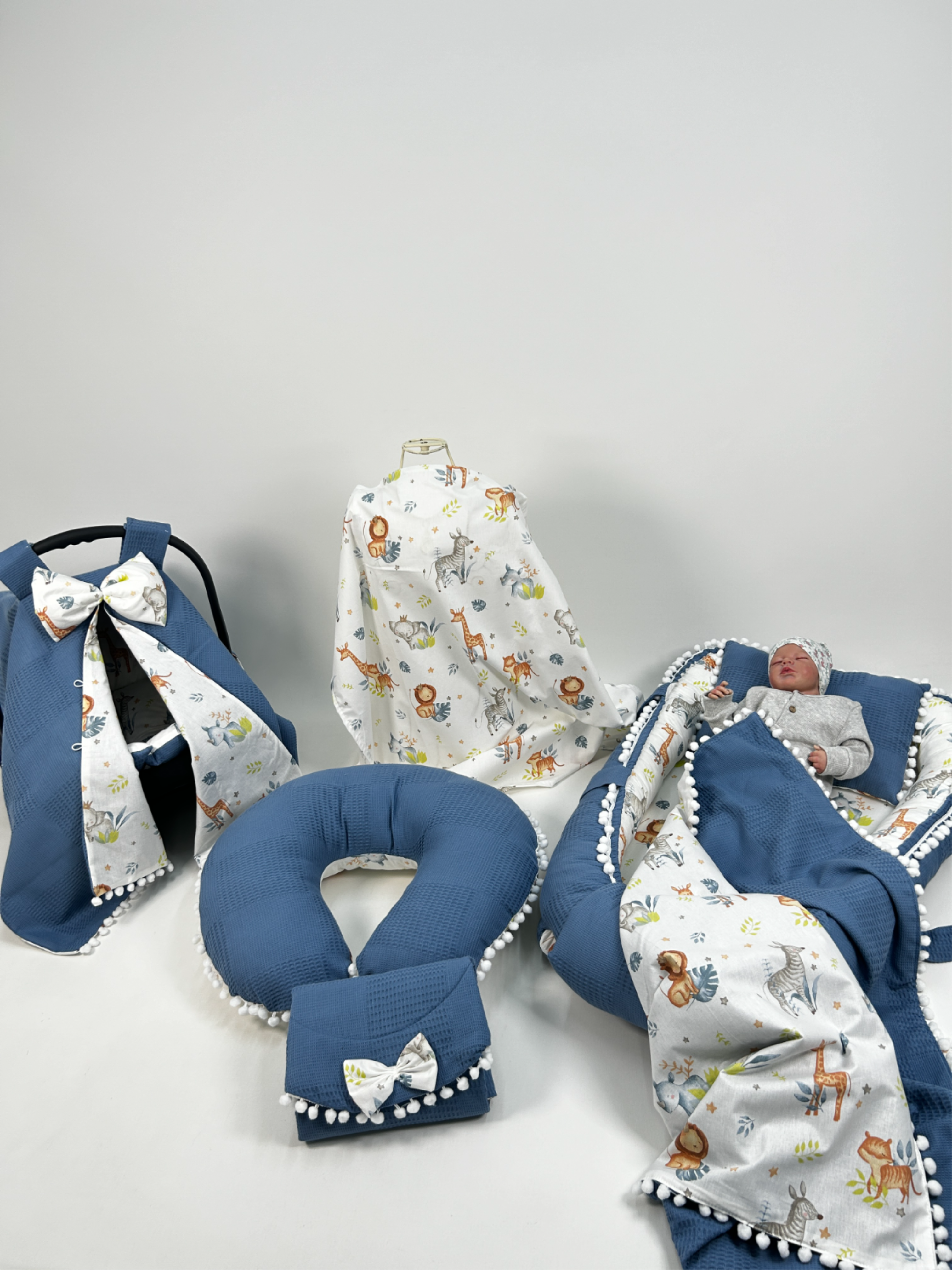 Babynest 8'li set indigo mavi waffle pike - sevimli hayvanlar poplin