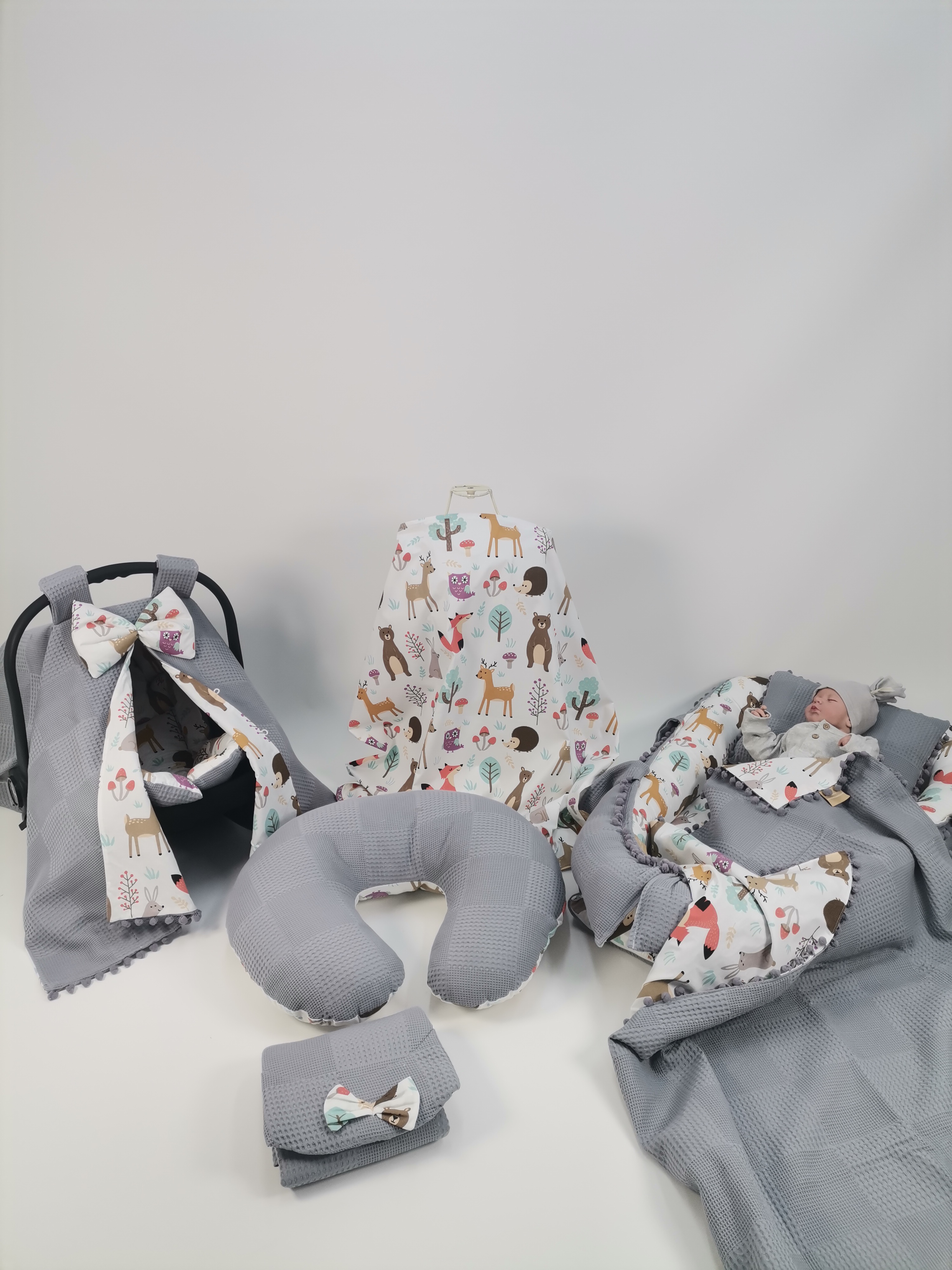 Babynest 8'li set koyu gri waffle pike - hayvan figürlü poplin