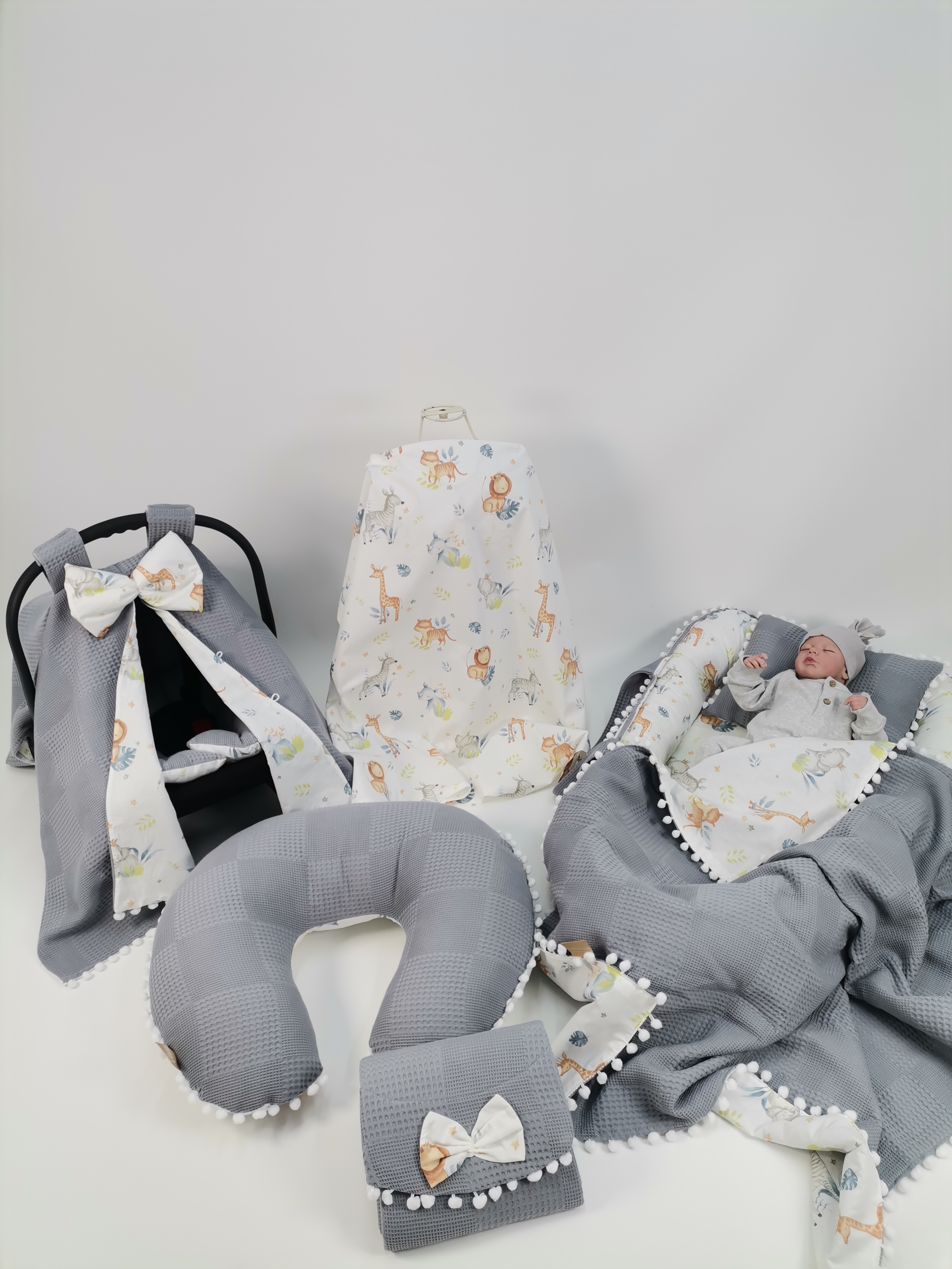 Babynest 8'li set koyu gri waffle pike - sevimli hayvanlar poplin
