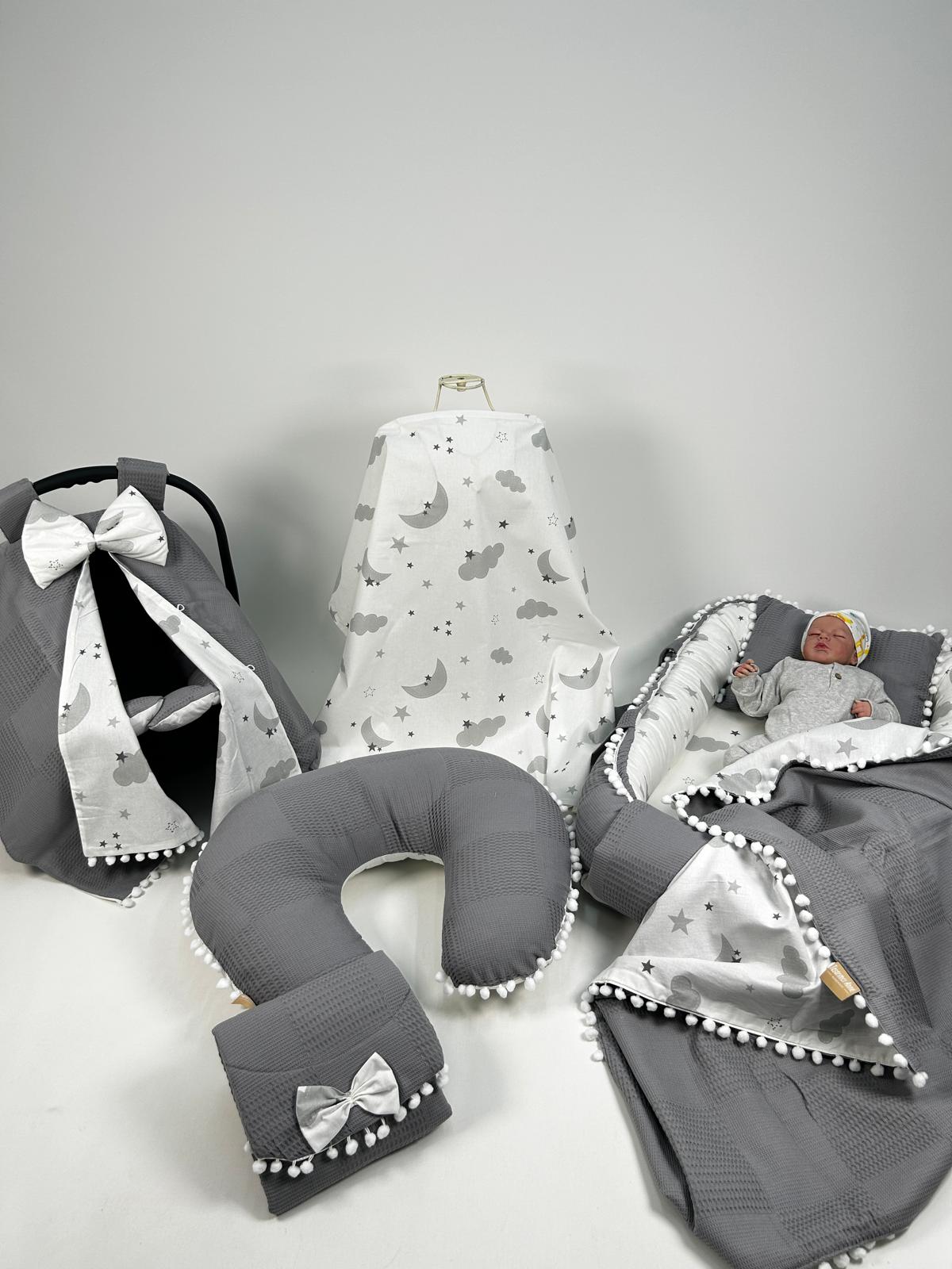 Babynest 8'li set koyu gri waffle pike - gri aylı bulutlu poplin