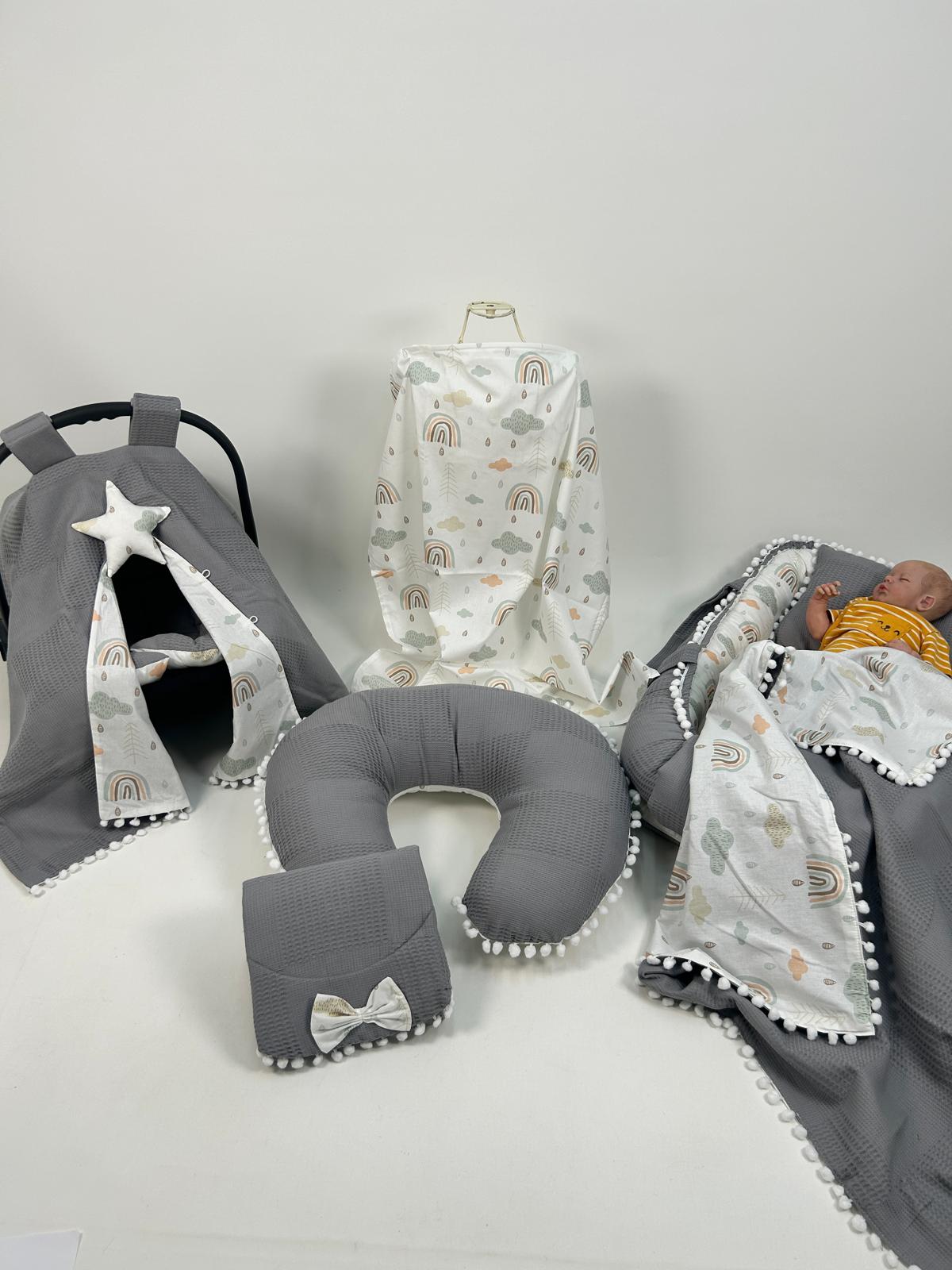 Babynest 8'li set koyu gri waffle pike - gökkuşaklı poplin