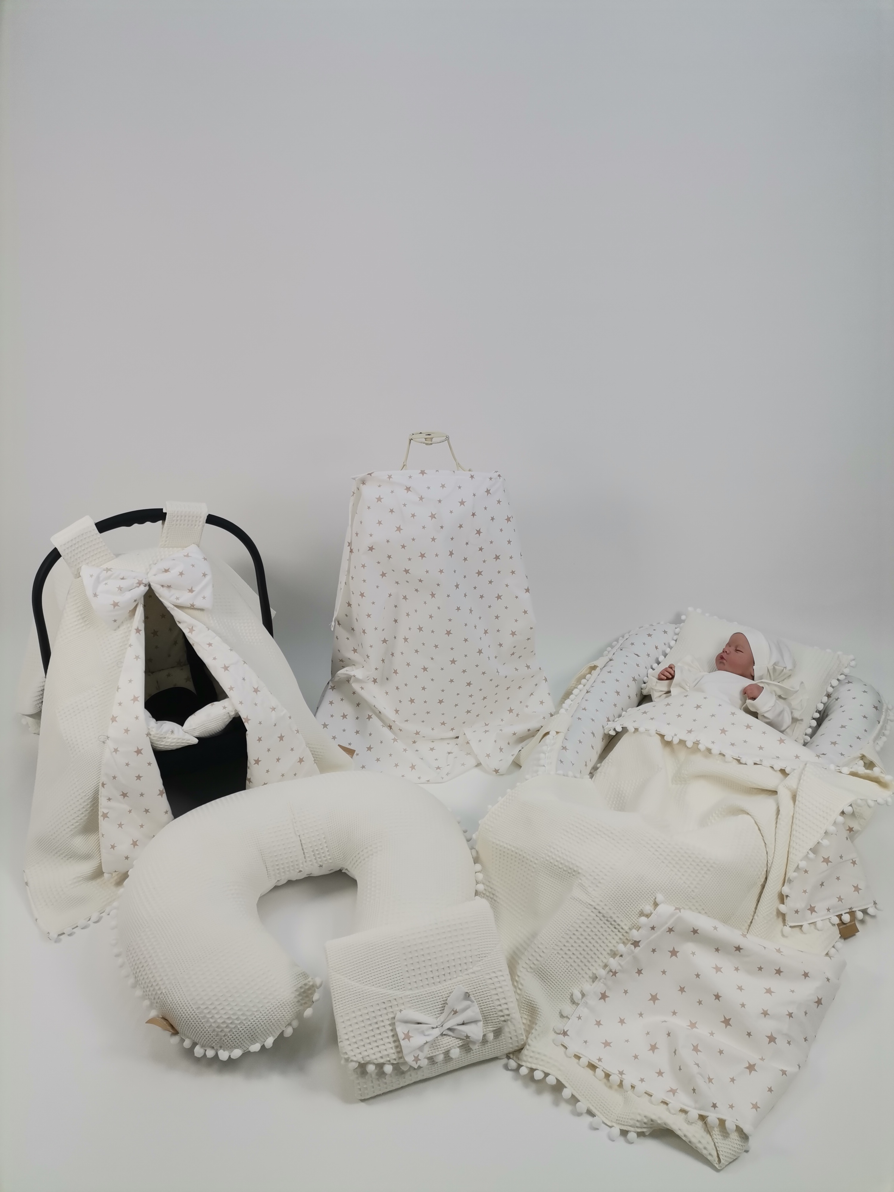 Babynest 8'li set krem waffle pike - bej yıldızlı poplin