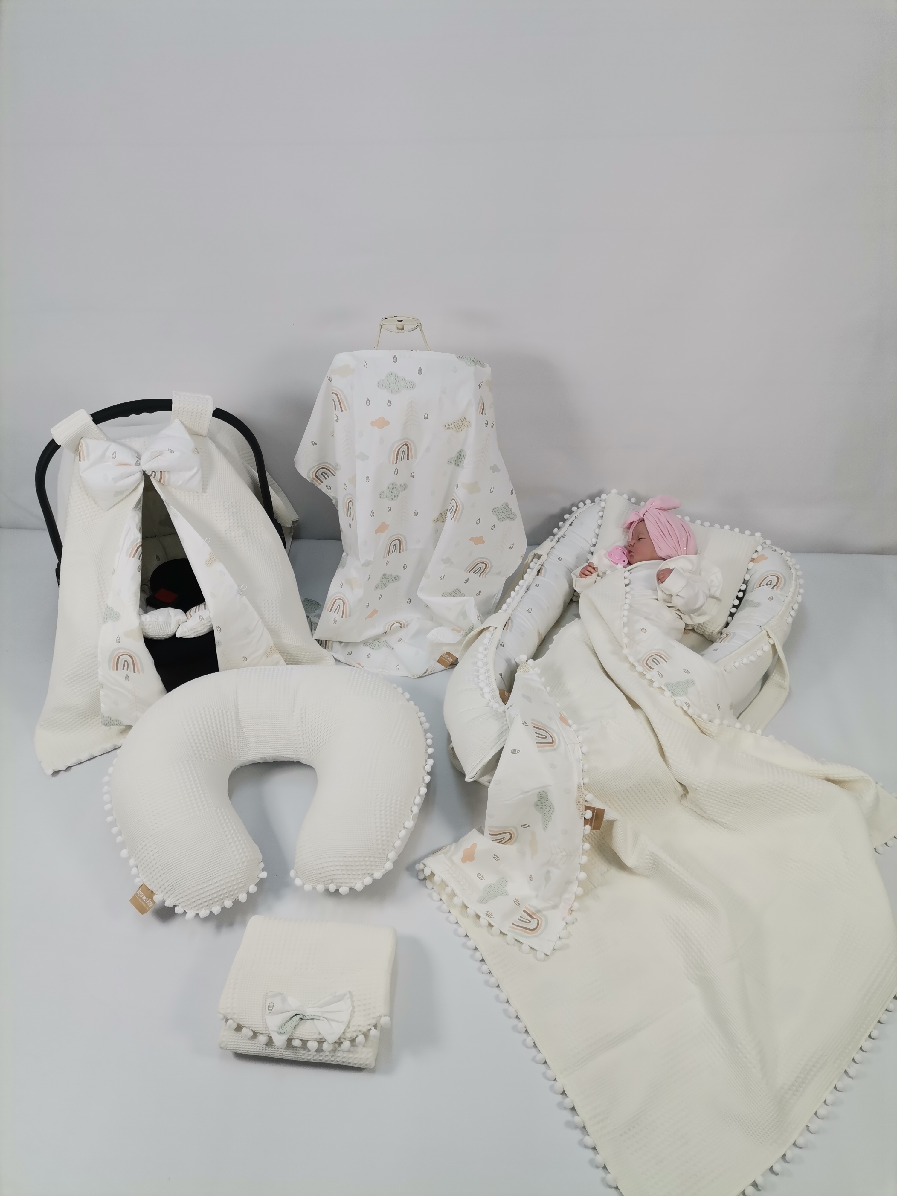 Babynest 8'li set krem waffle pike - gökkuşaklı poplin