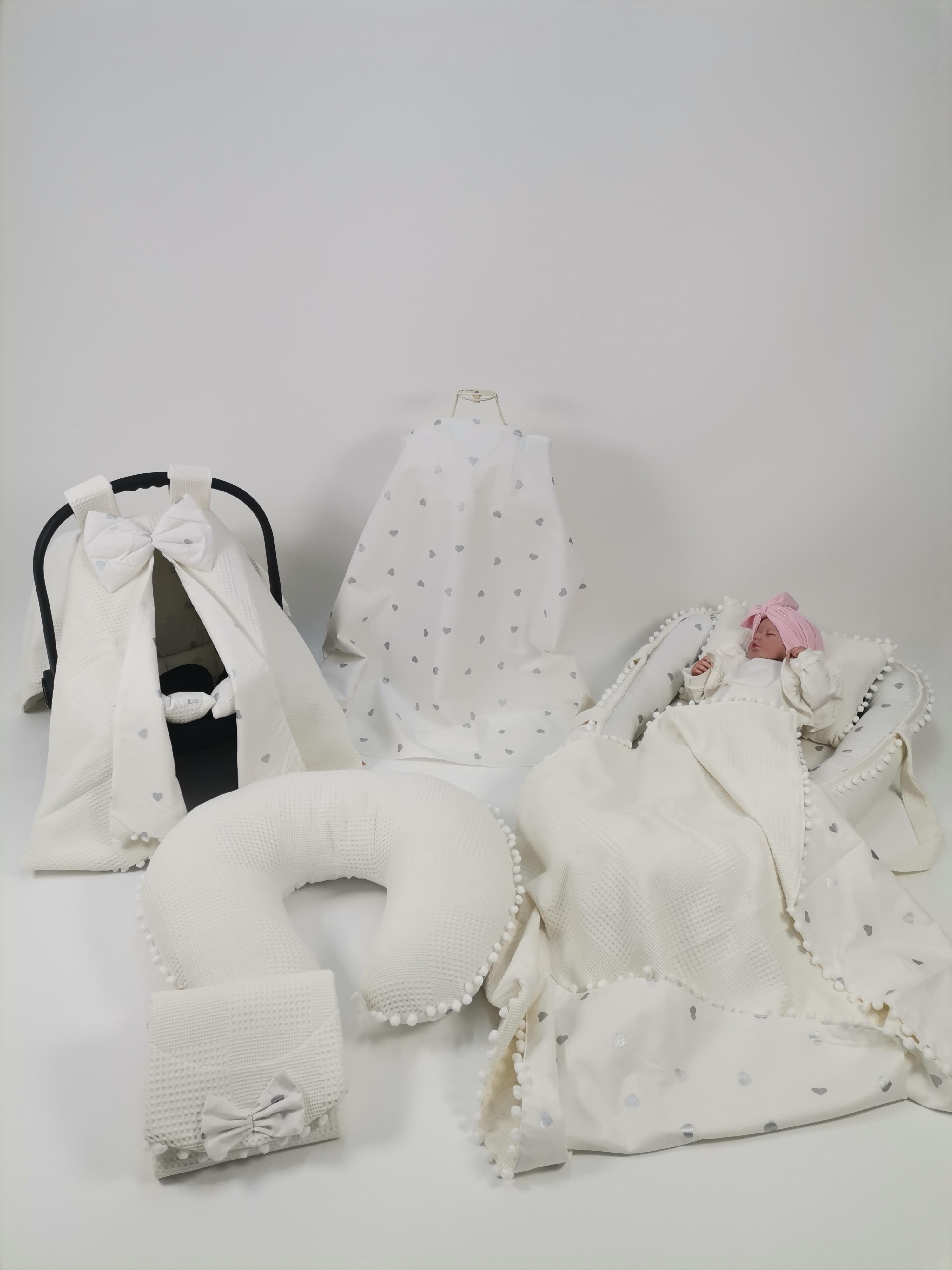 Babynest 8'li set krem waffle pike - gümüş kalpli poplin
