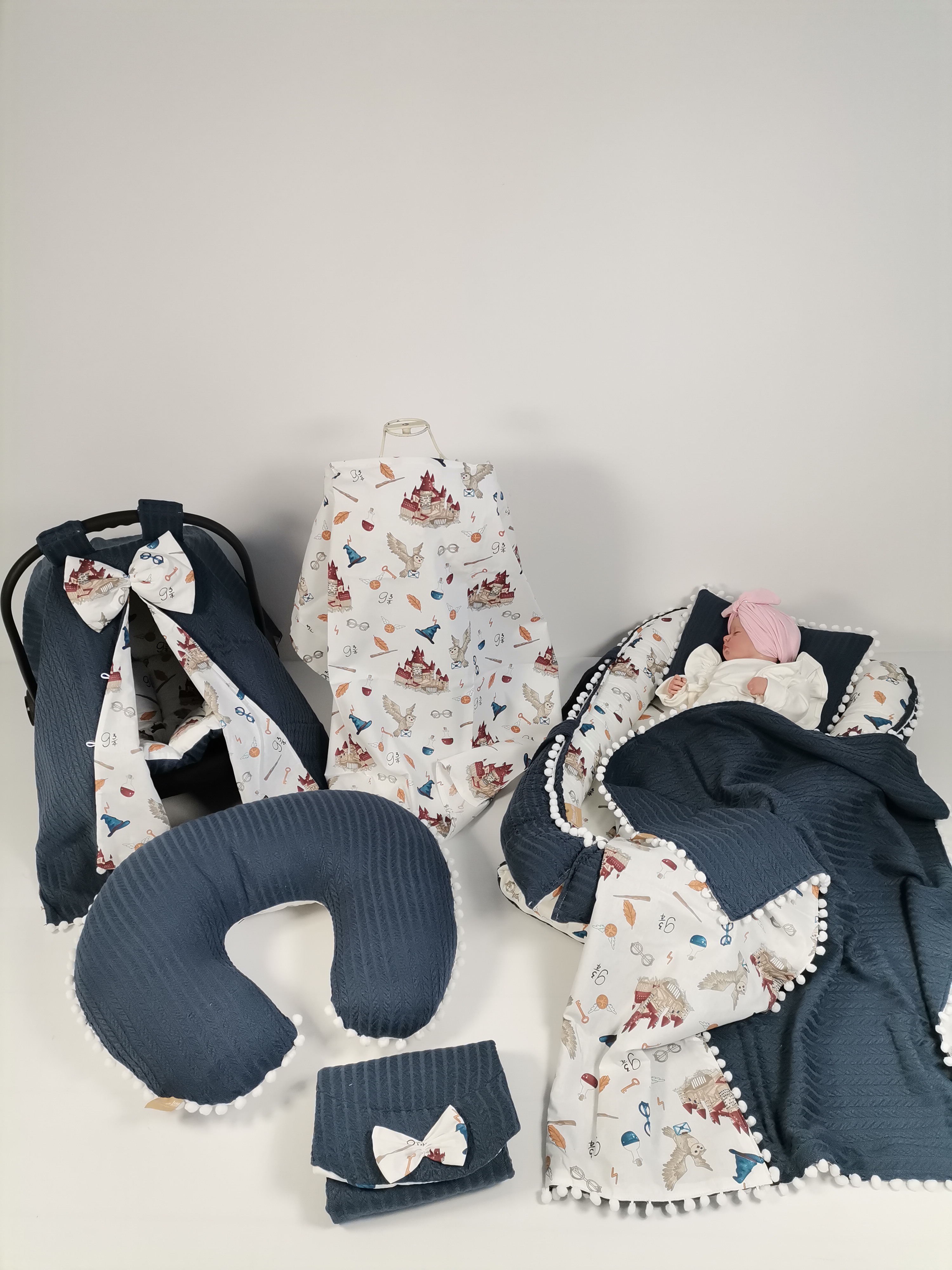 Babynest 8'li set lacivert örgü pike - harry desenli poplin