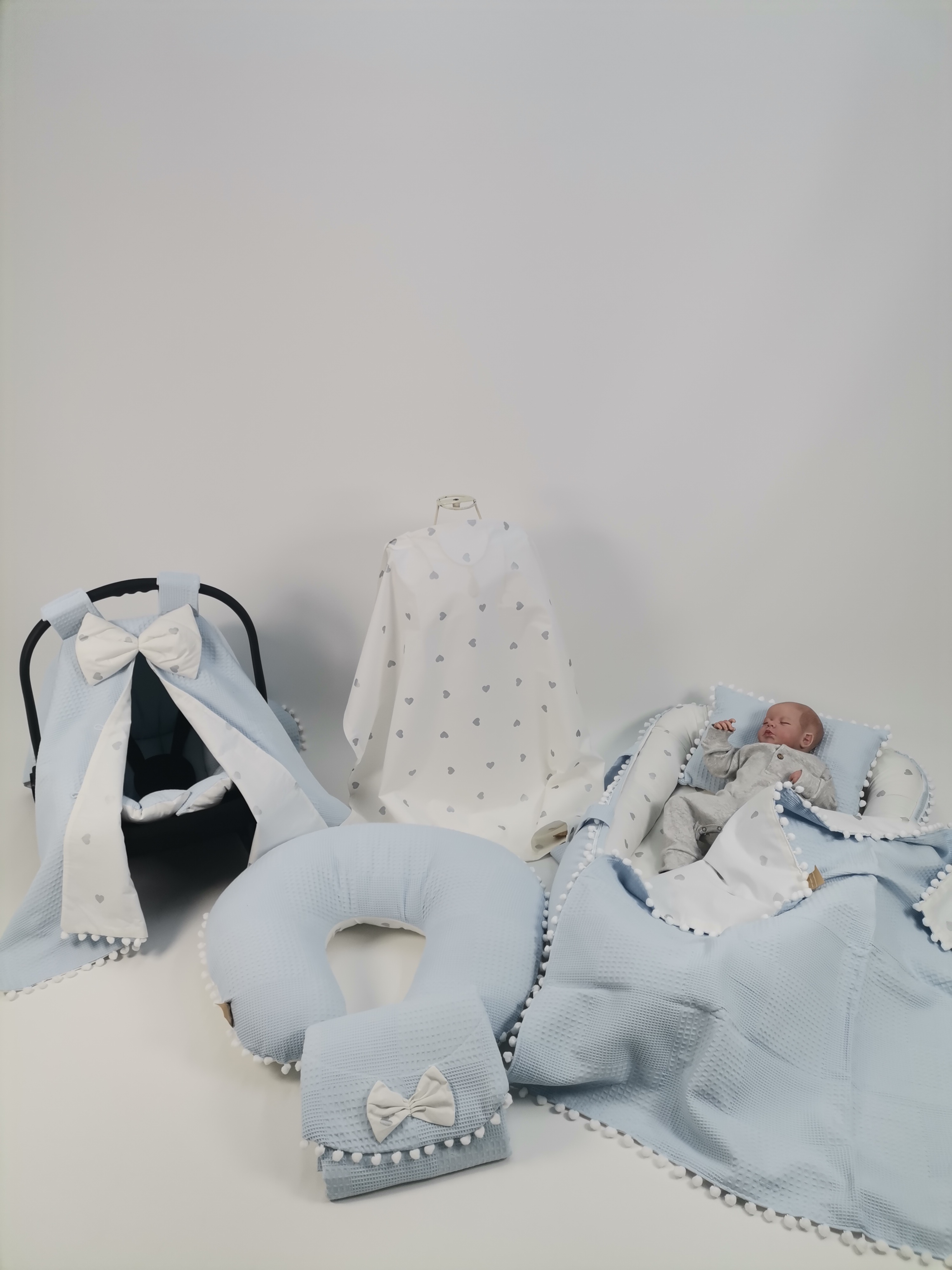 Babynest 8'li set mavi waffle pike - gümüş kalpli poplin