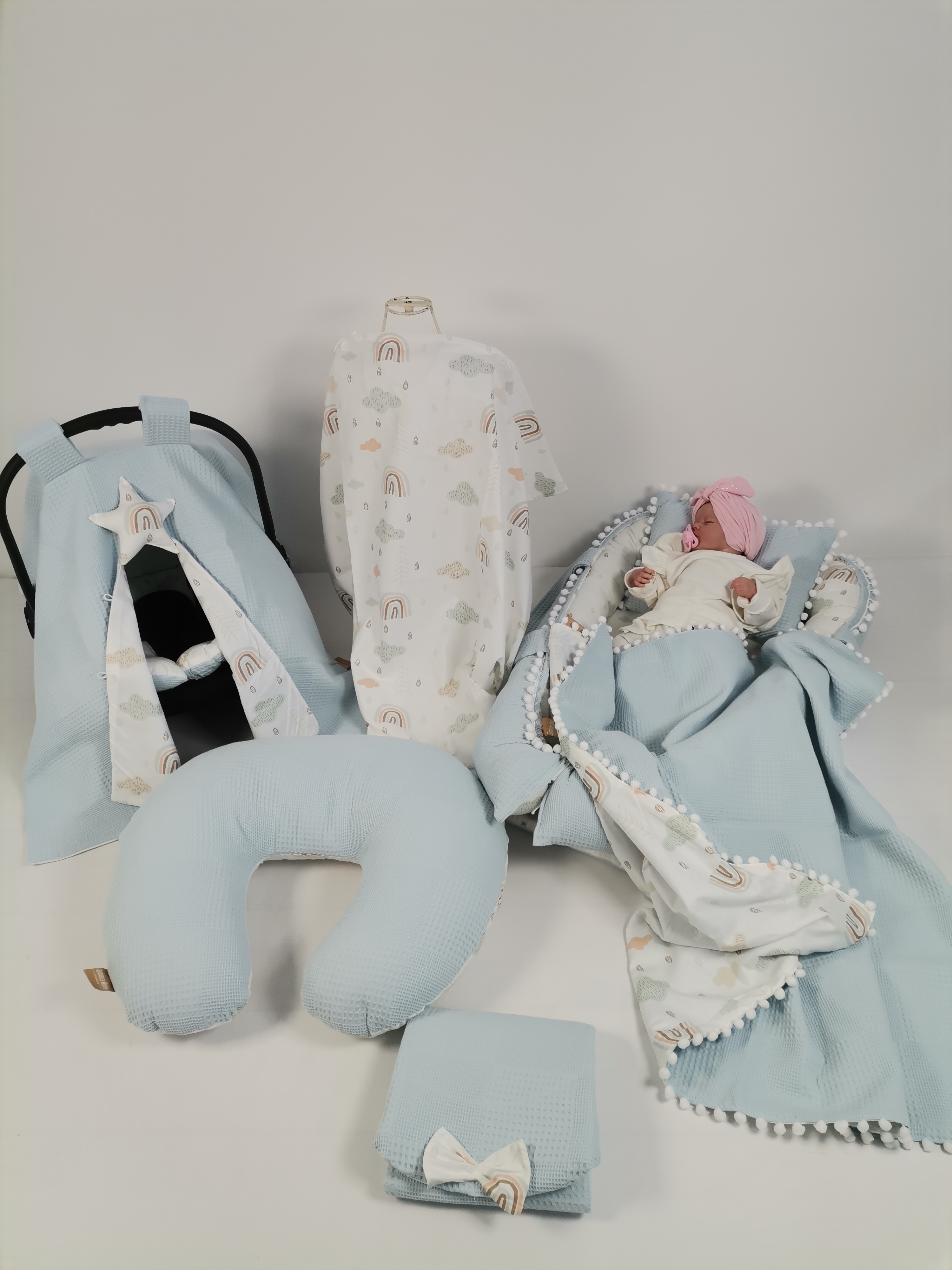 Babynest 8'li set mavi waffle pike - gökkuşaklı poplin