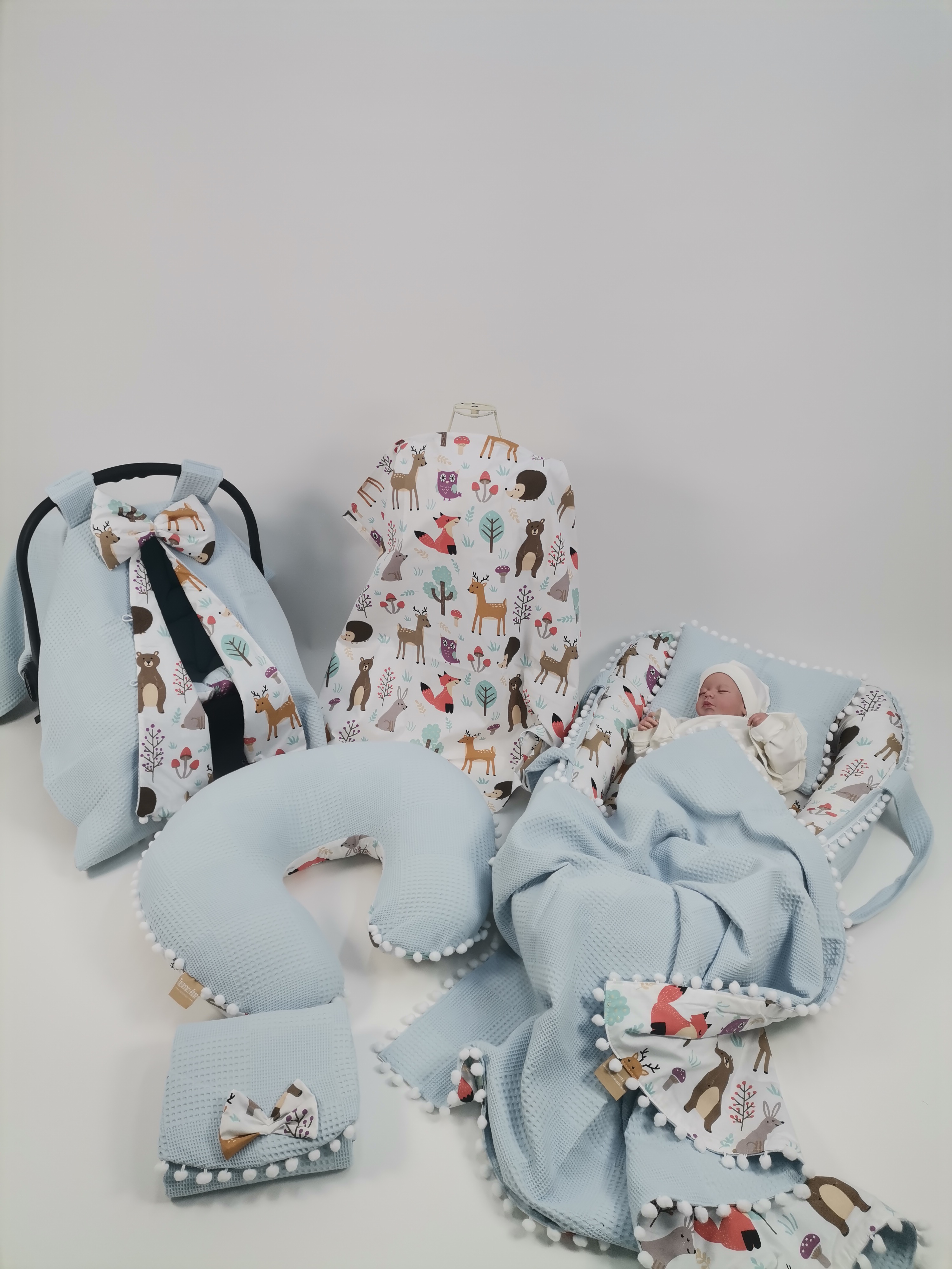 Babynest 8'li set mavi waffle pike - hayvan figürlü poplin