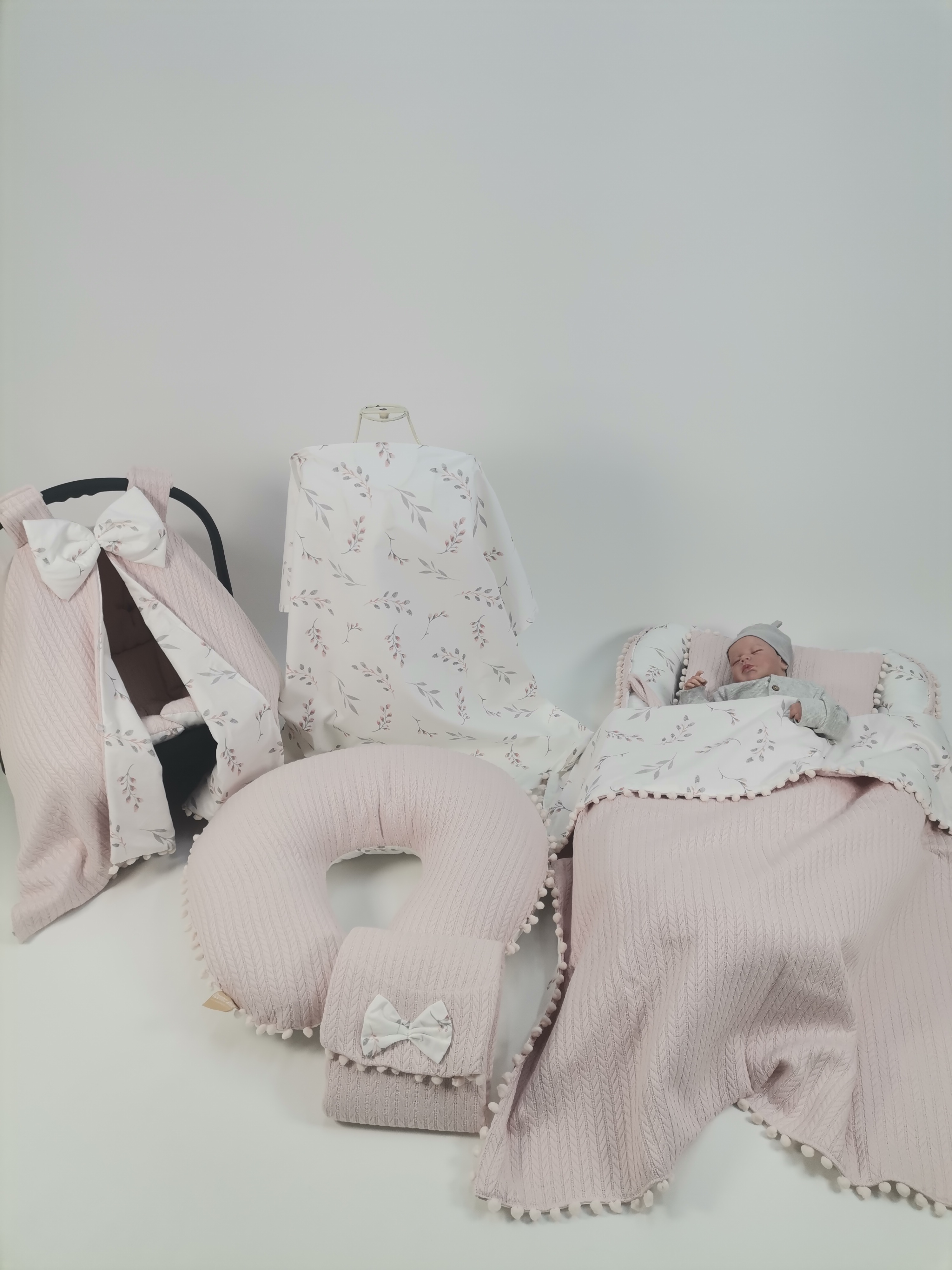 Babynest 8'li set pudra örgü pike - pembe zeytin dalı desenli poplin