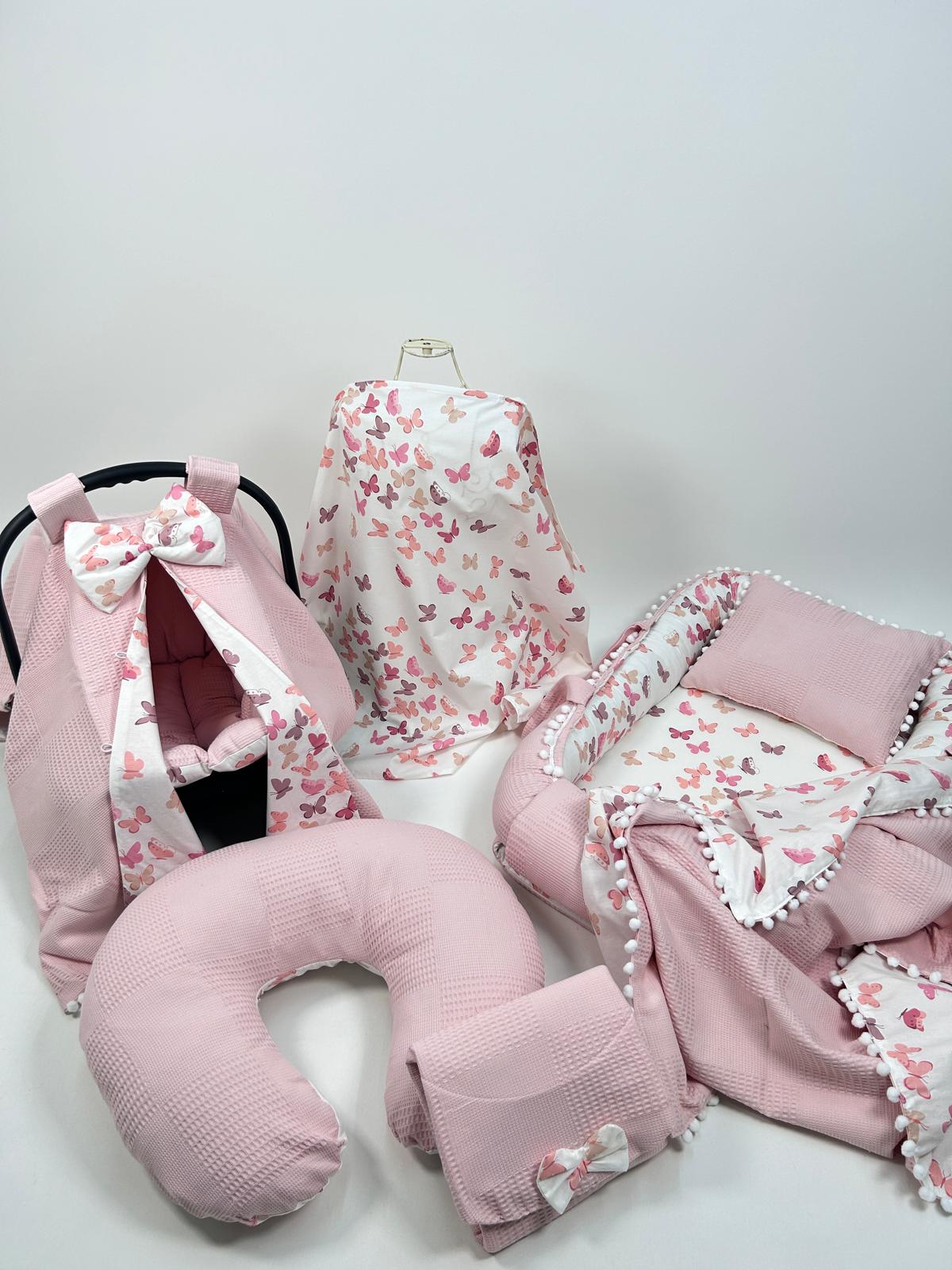 Babynest 8'li set pudra pembe waffle klasik pike - pudra kelebekli poplin
