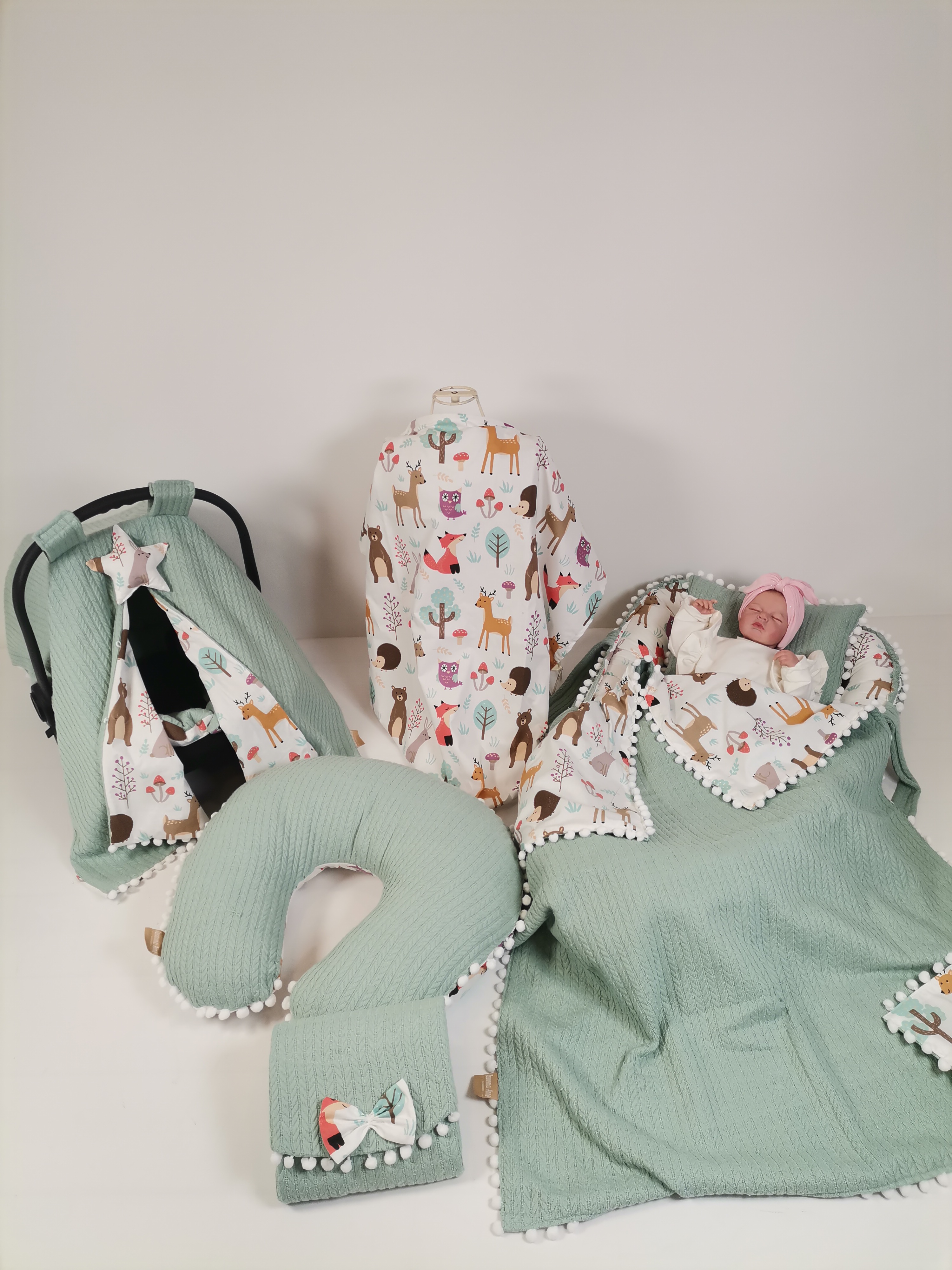 Babynest 8'li set yeşil örgü pike - hayvan figürlü poplin