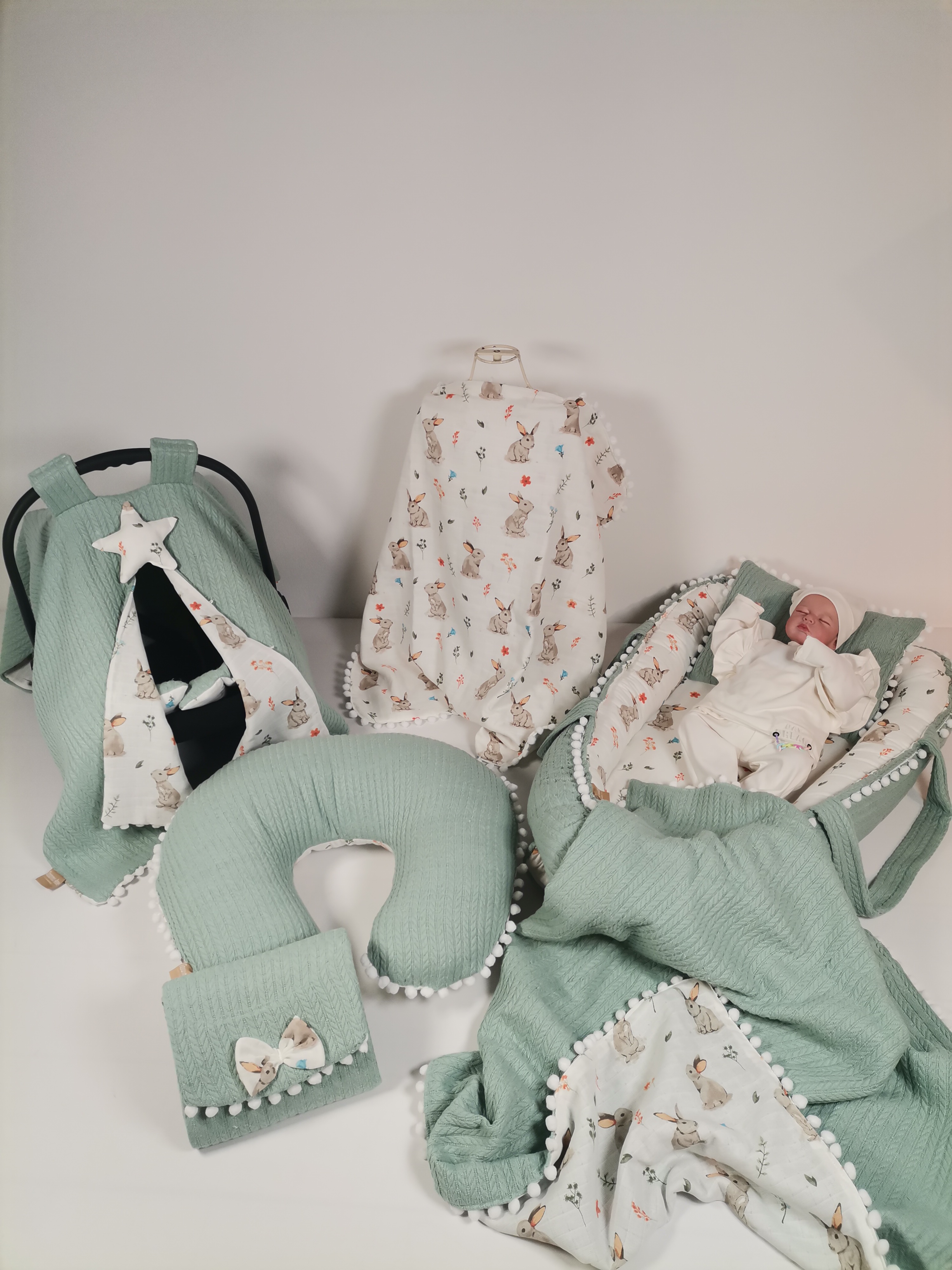 Babynest 8'li set yeşil örgü pike - tavşanlı müslin