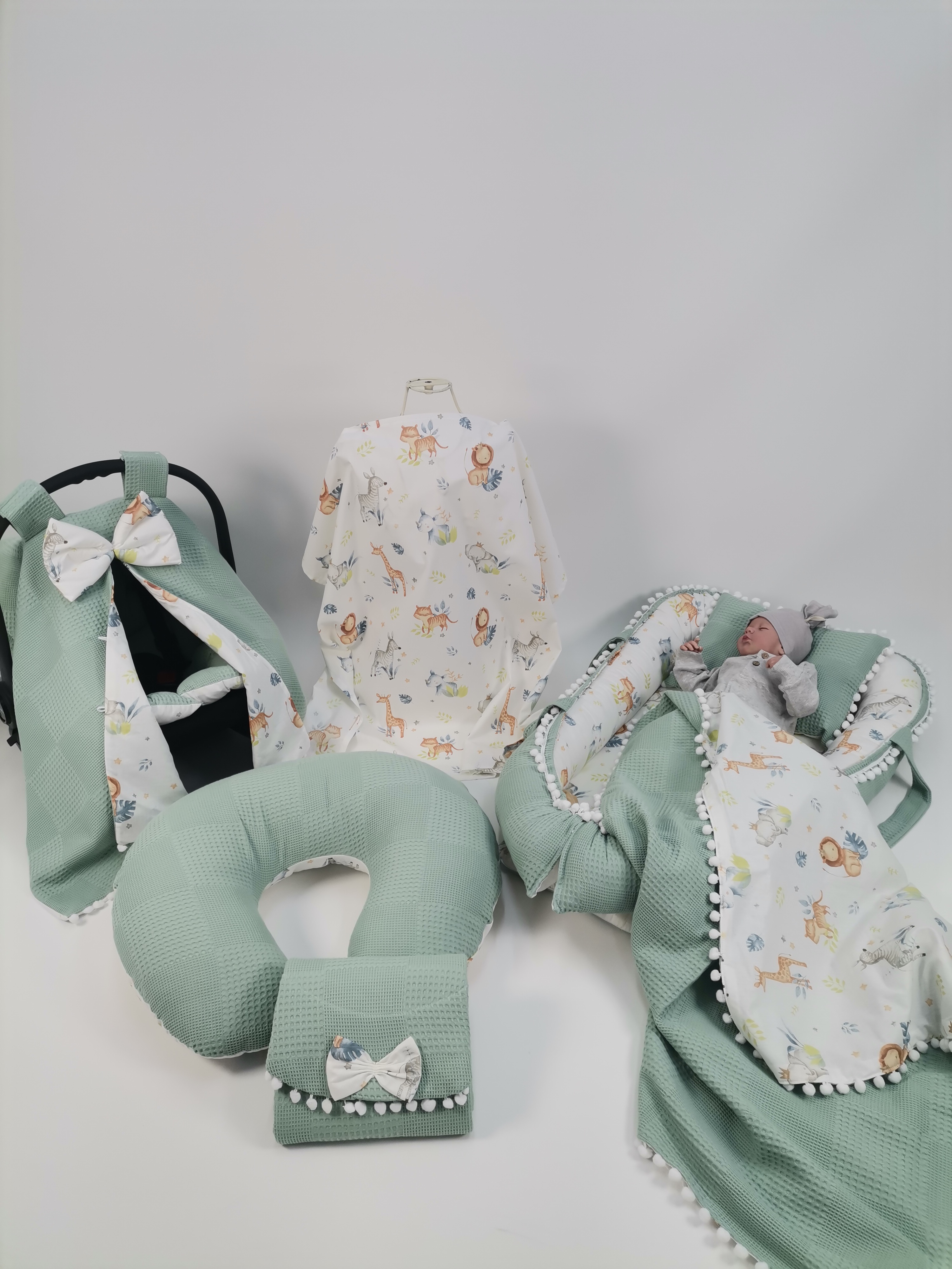 Babynest 8'li set yeşil waffle pike - sevimli hayvanlar poplin