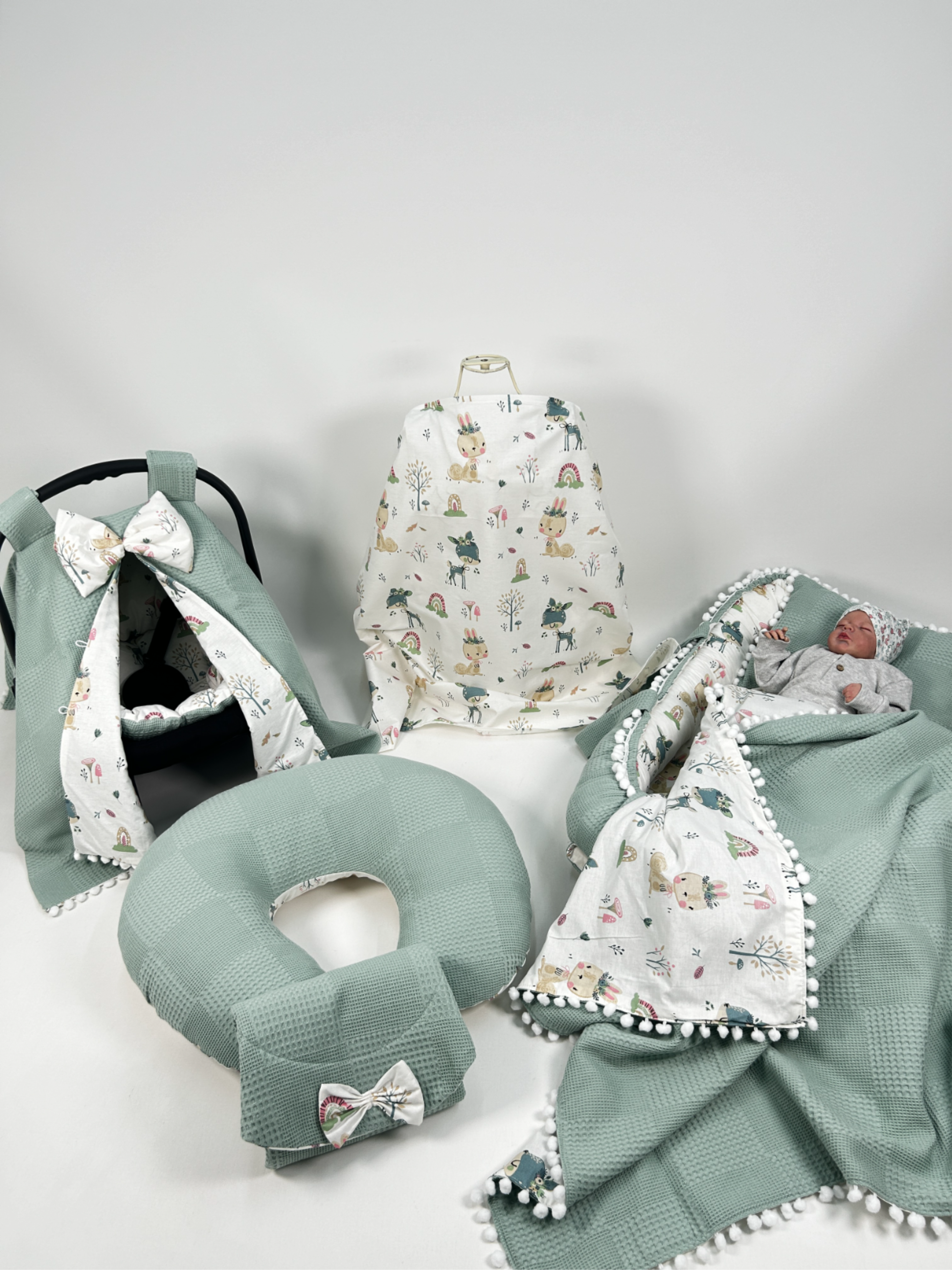 Babynest 8'li set yeşil waffle pike - yeni ceylanlı poplin