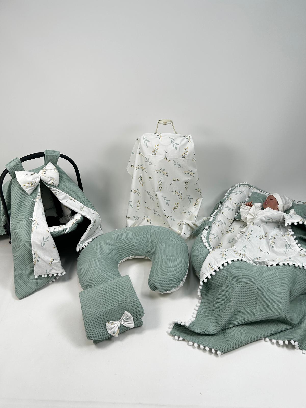 Babynest 8'li set yeşil waffle pike - yeşil zeytindalı desenli poplin