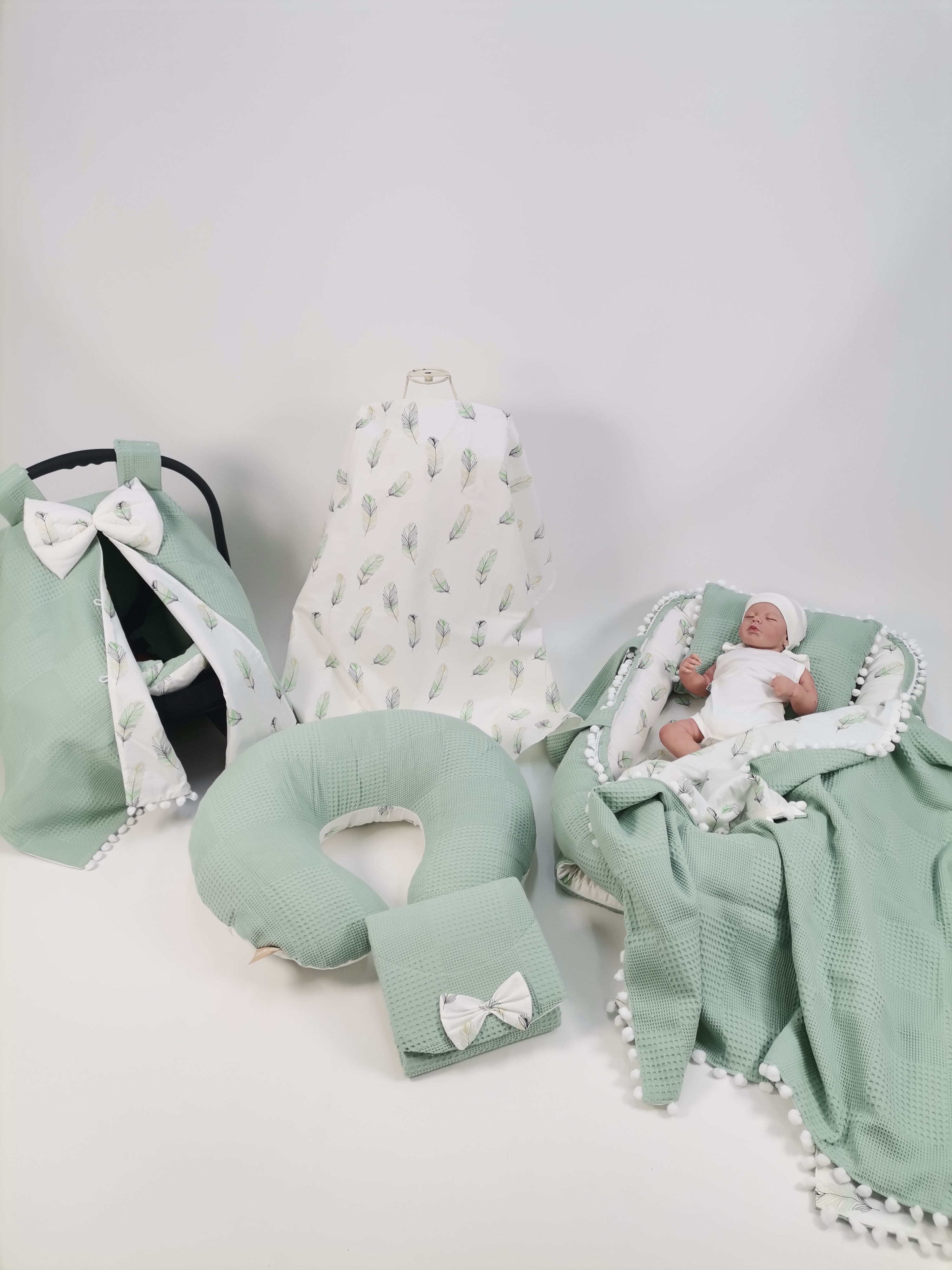 Babynest 8'li set yeşil waffle pike - yeşil tüylü poplin