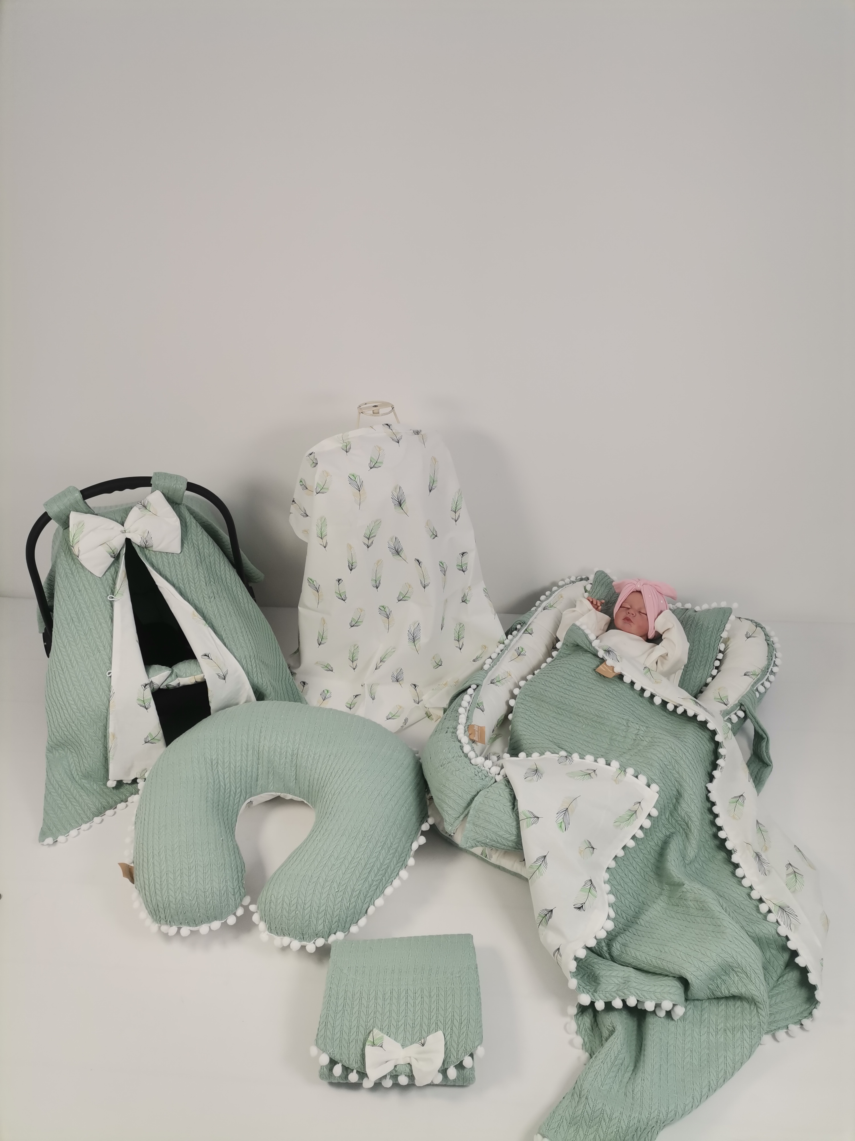 Babynest 8'li set yeşil örgü pike -  yeşil tüylü poplin