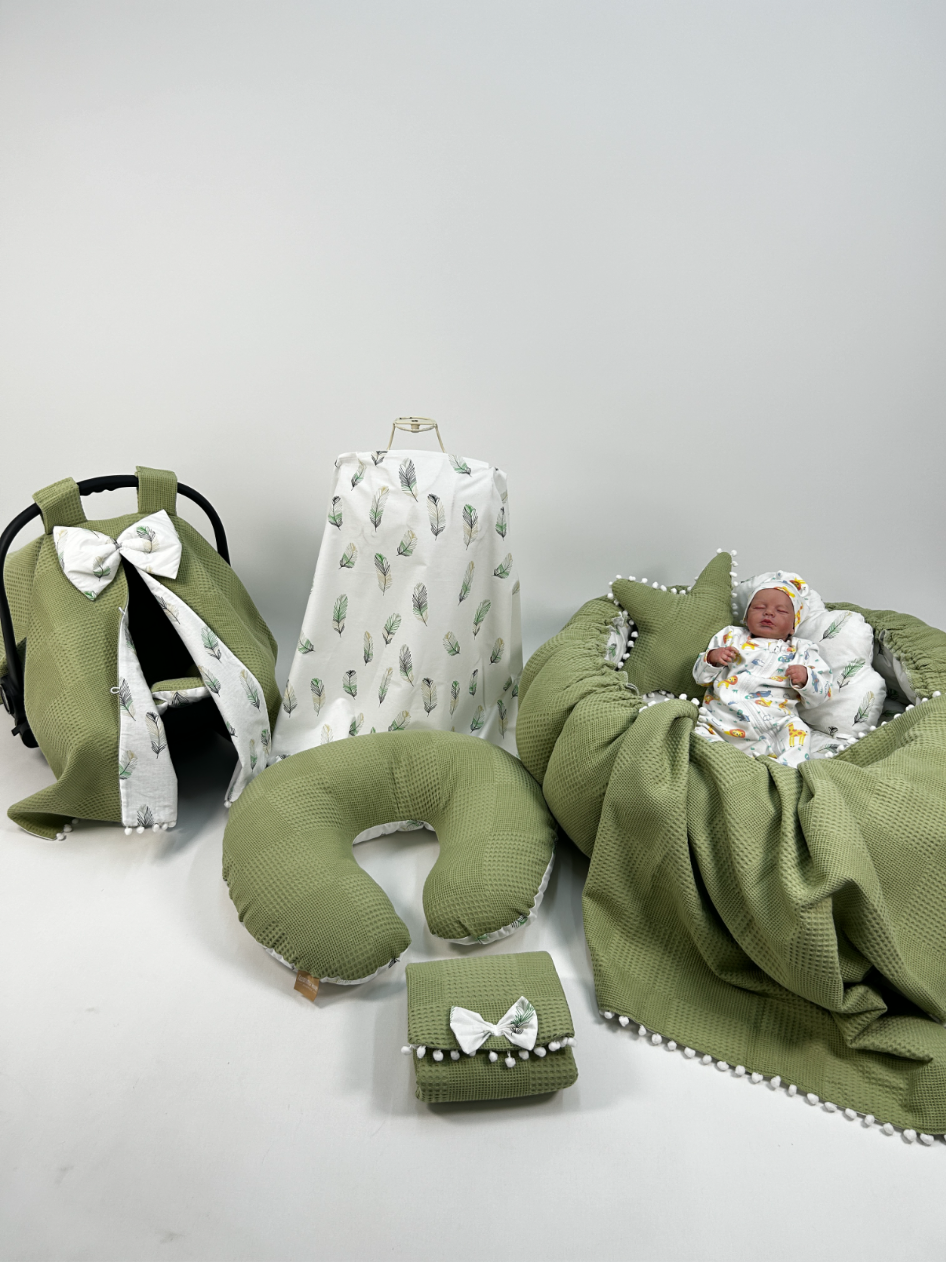 Babynest 9'lu set fıstık yeşili waffle pike - yeşil tüylü poplin