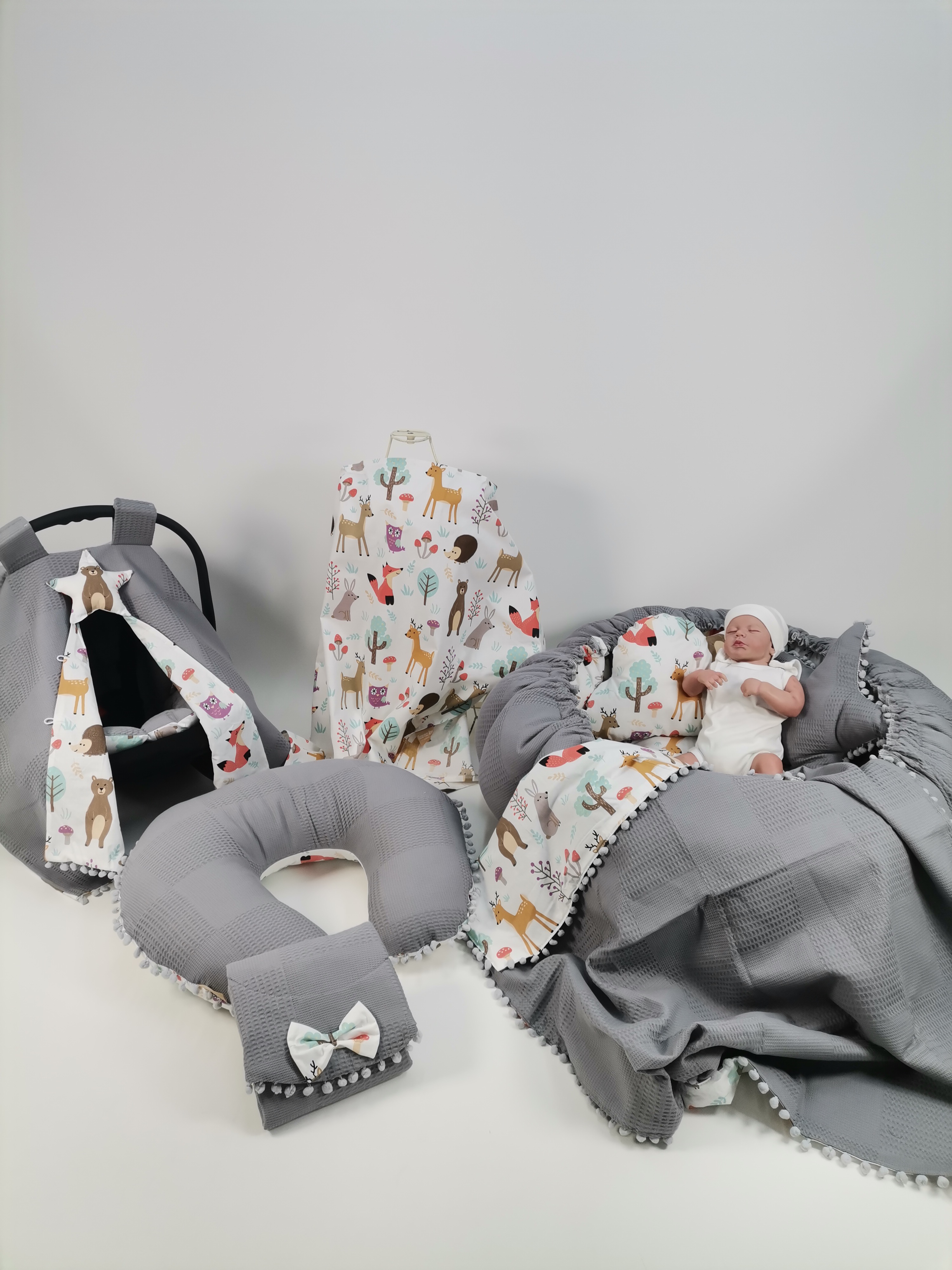 Babynest 9'lu set koyu gri waffle pike - hayvan figürlü poplin